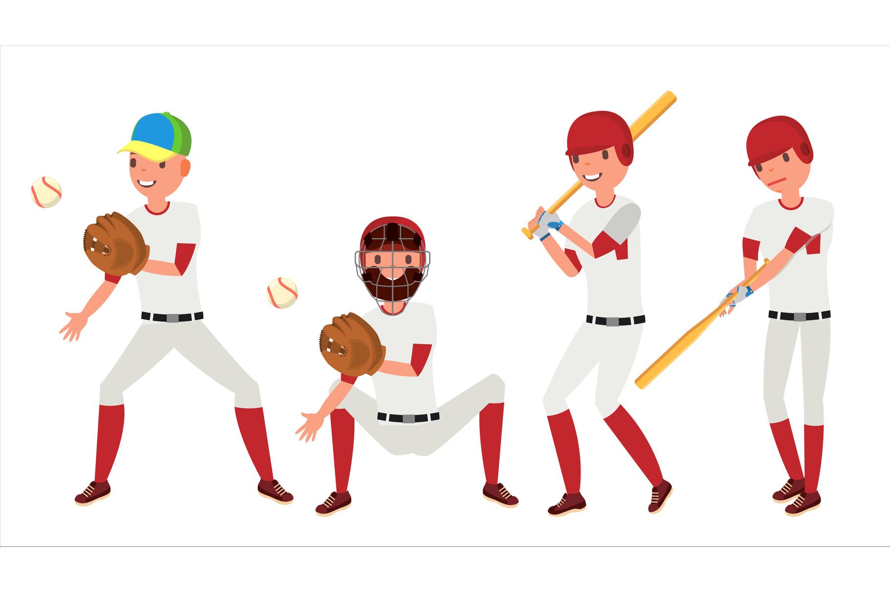 Classic Baseball Player Vector. Classic Uniform. Different Action Poses.  Flat Cartoon Illustration By Pikepicture