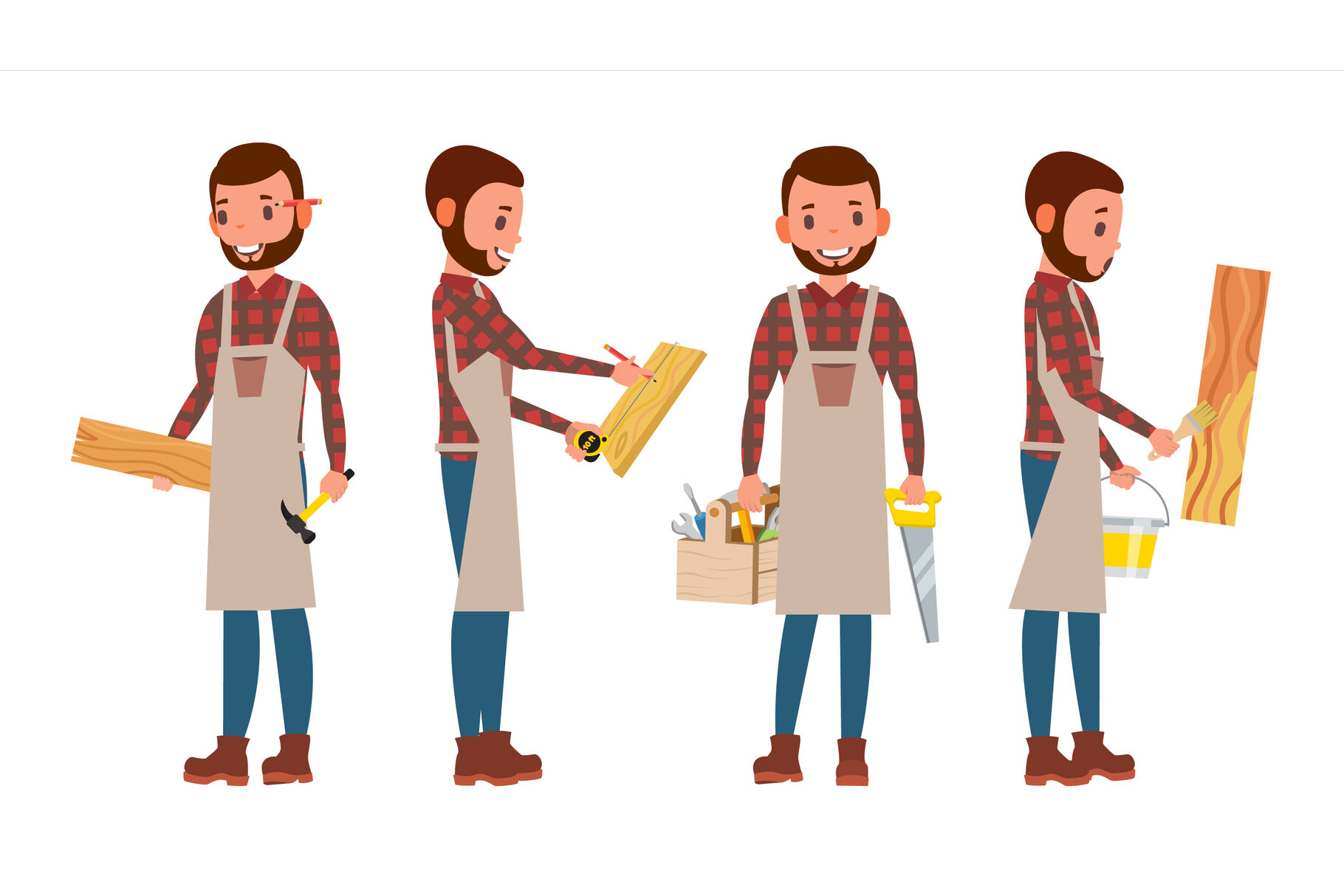 Carpenter Vector Worker Different Poses Full Length Flat Cartoon Illustration By Pikepicture Thehungryjpeg Com