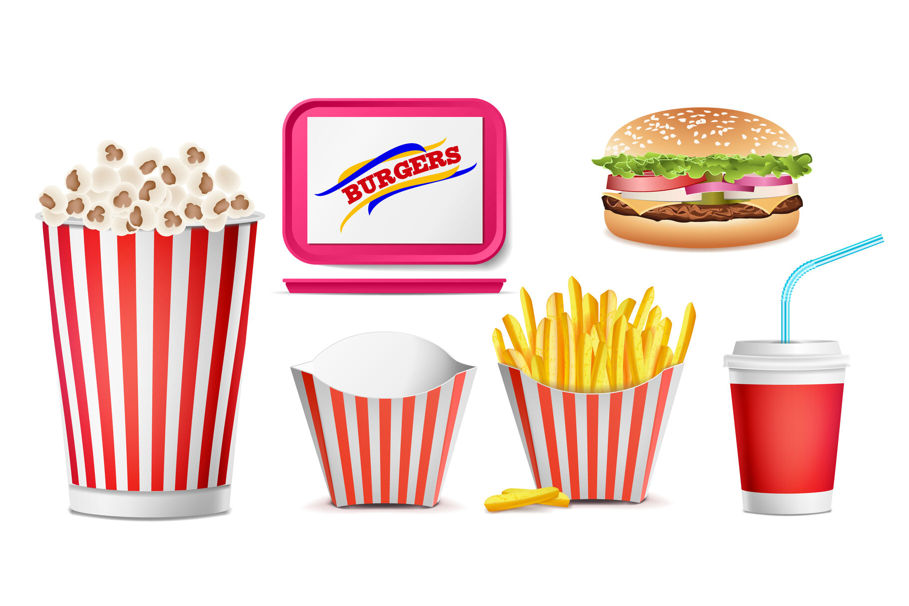 Realistic Fast Food Icons Set Vector. French Fries, Coffee, Hamburger,  Cola, Tray Salver, Popcorn. Isolated Illustration By Pikepicture |  TheHungryJPEG