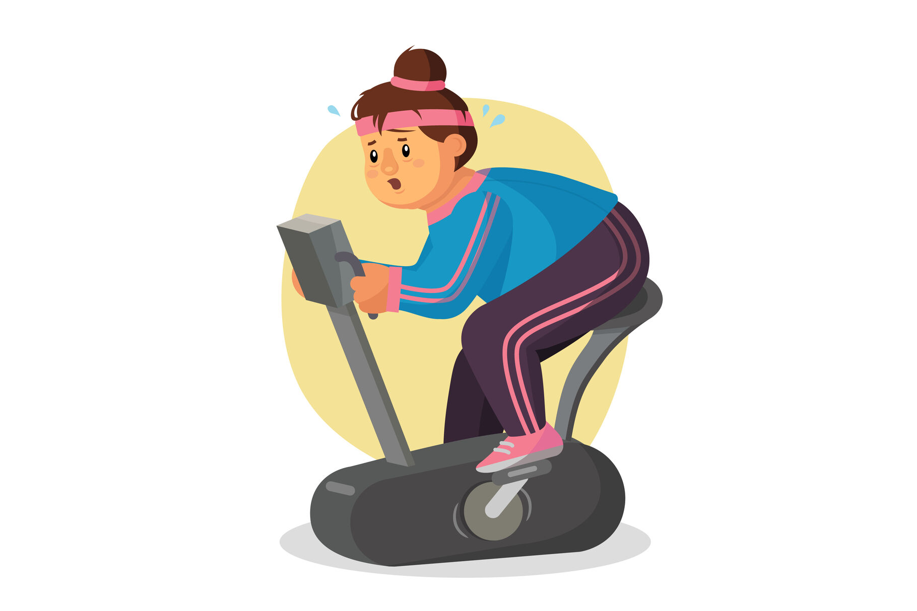 Fat Woman In Gym Vector. Female Running On Treadmill. Exercise Bike