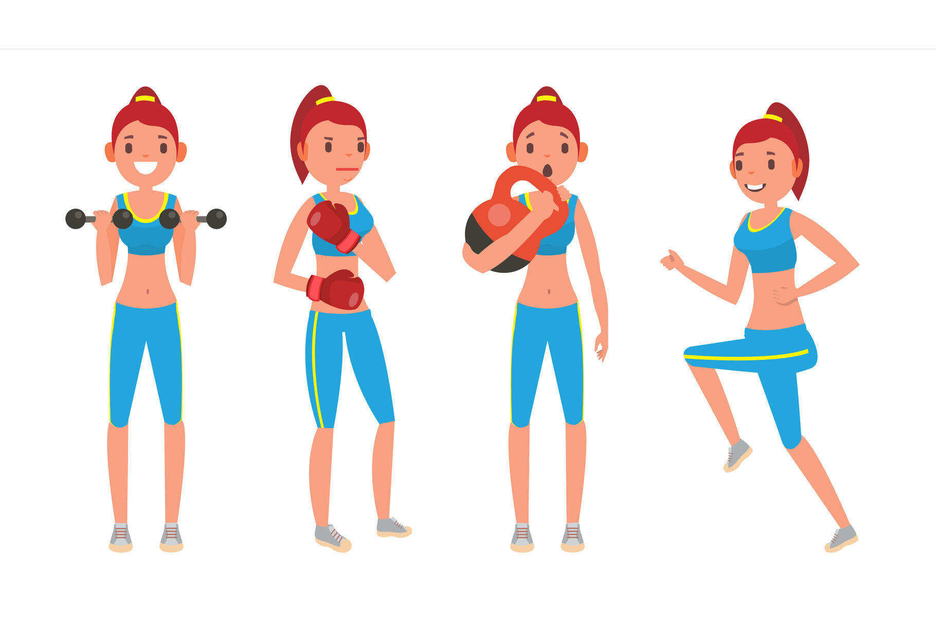 Fitness Girl Vector. Set. Modern Workout With Stretching, Weights