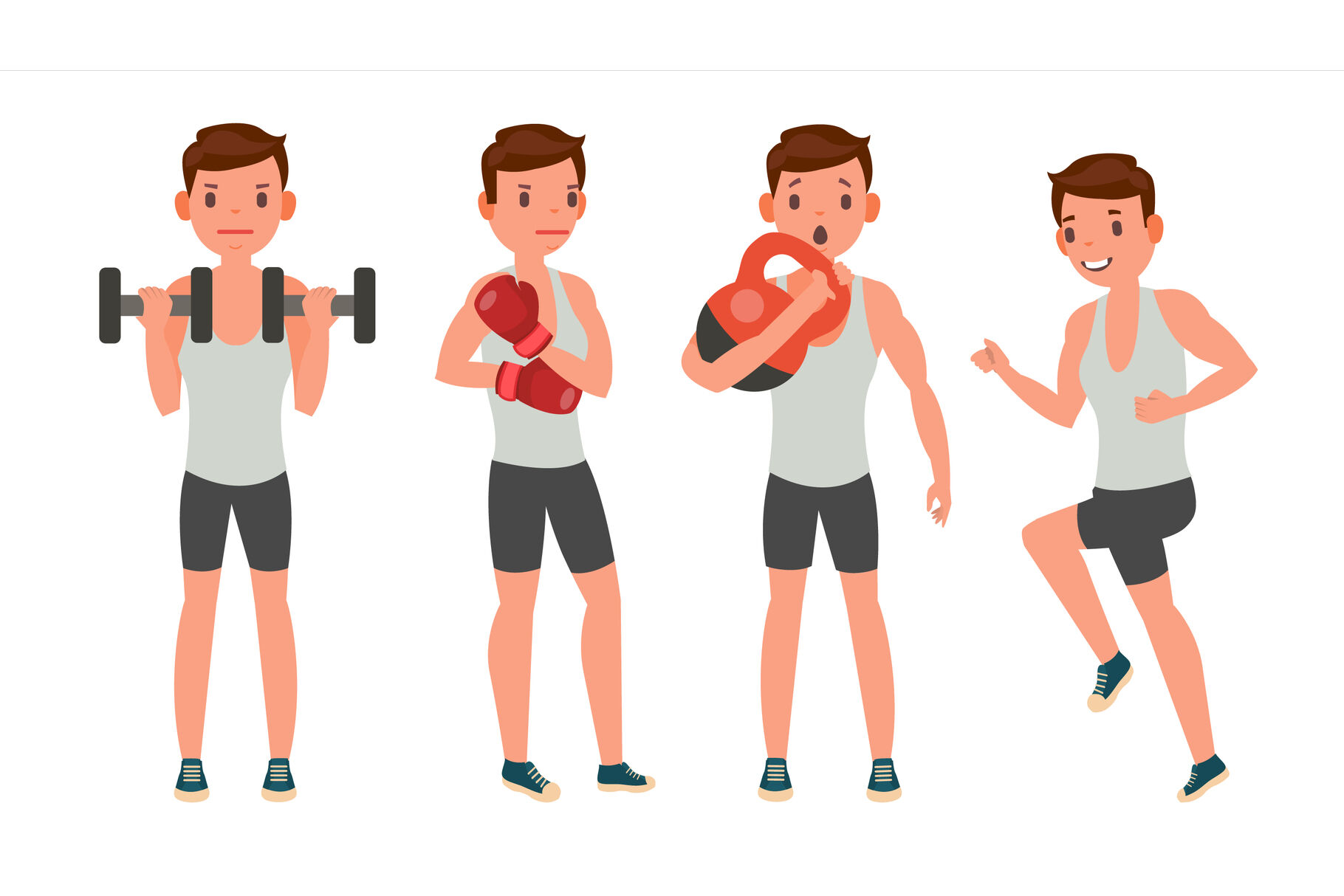 Fitness Man Vector. Different Poses. Work Out. Active Fitness. Flat Cartoon  Illustration By Pikepicture