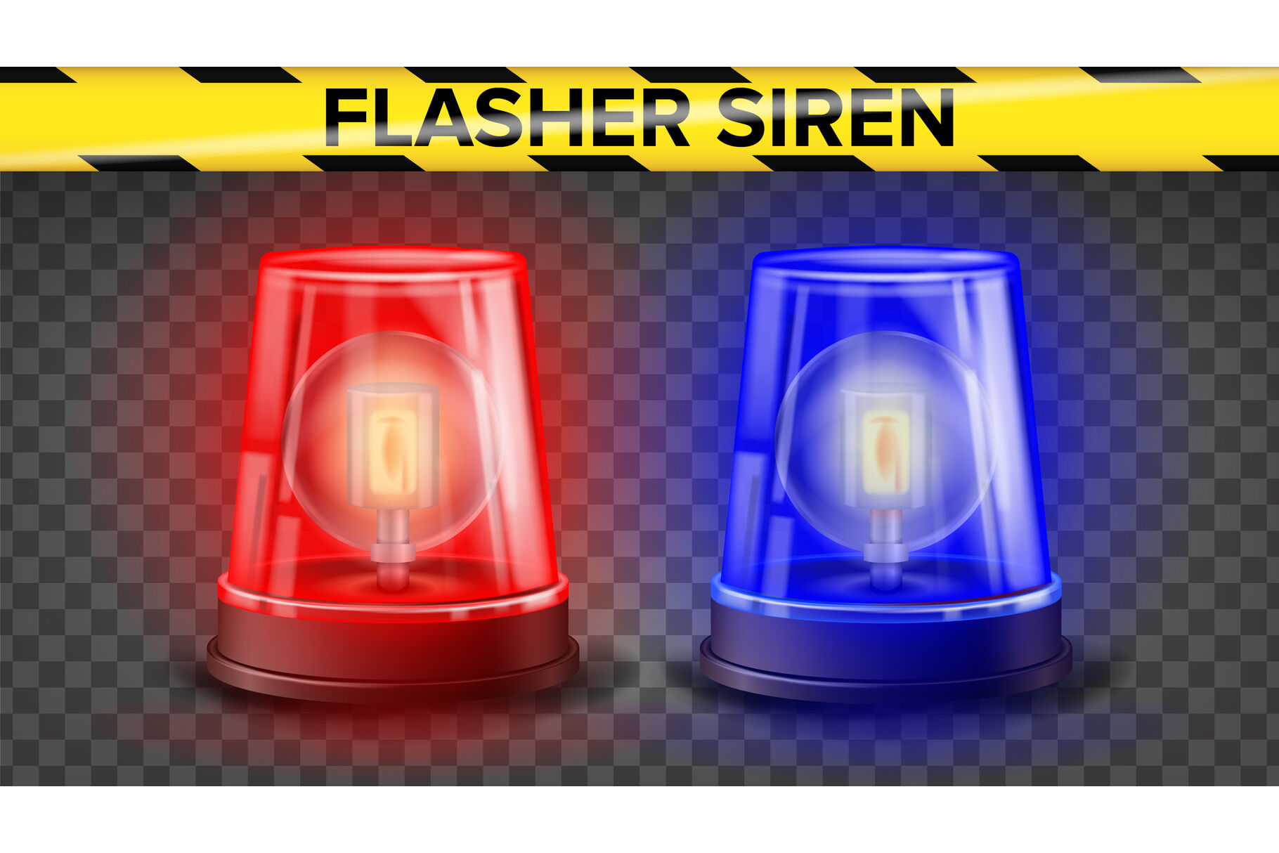 Red And Blue Flasher Siren Vector. 3D Realistic Object. Light Effect