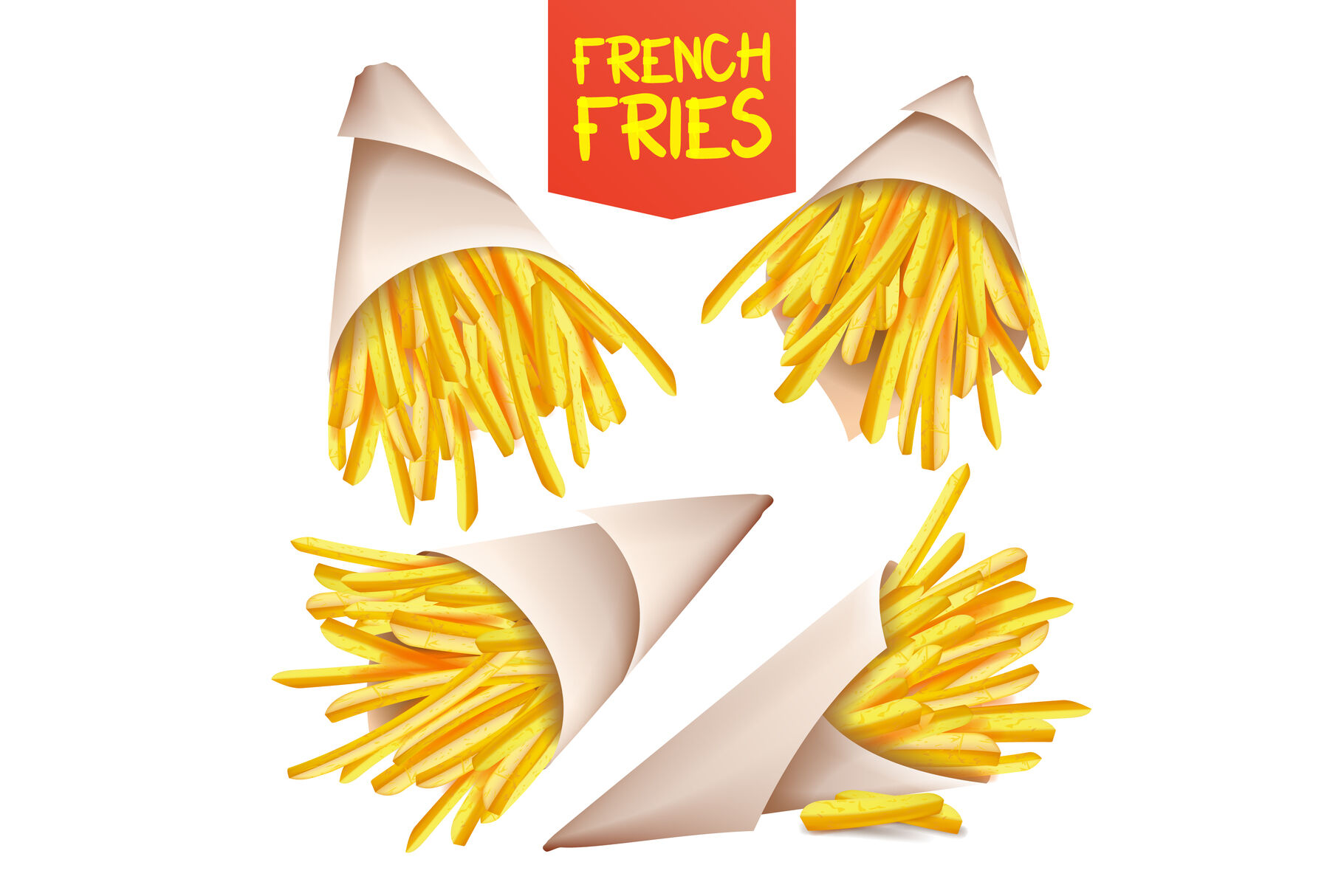 French Fries Potatoes Vector. Paper Bag, Cone. Tasty Fast Food