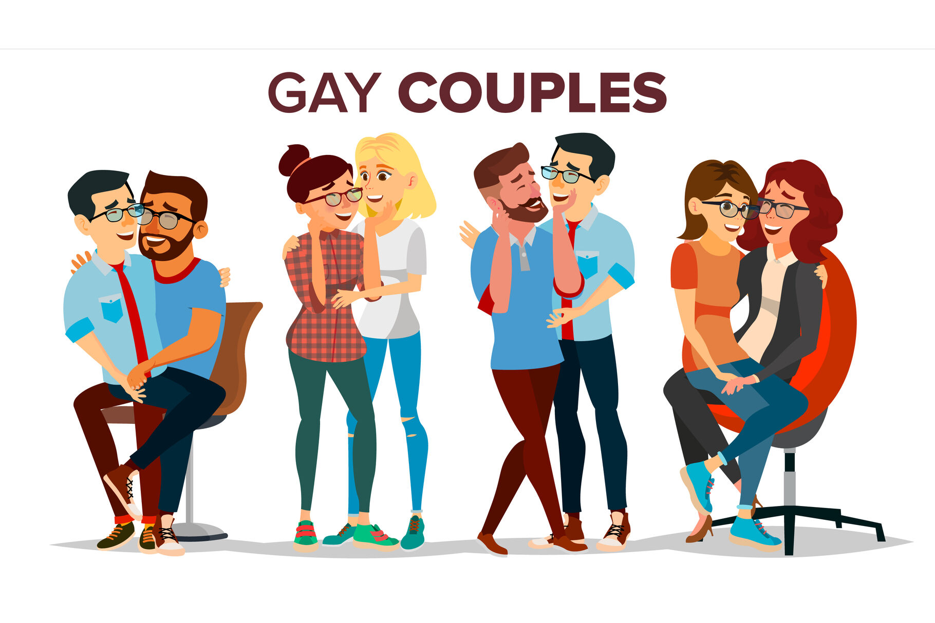 Gay, Lesbian Couple Set Vector. Hugging Men And Women. Same Sex Marriage. Romantic Homosexual Relationship. LGBT