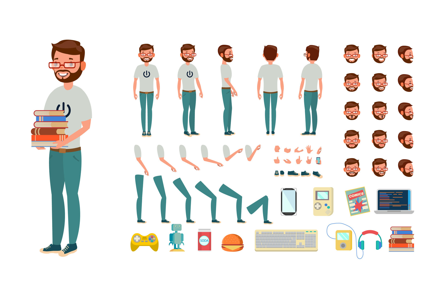 Geek Man Vector. Animated Character Creation Set. Computer Nerd Male. Full Length, Side, Back View, Accessories, Poses, Face Emotions, Gestures. Isolated Flat Cartoon Illustration By Pikepicture | TheHungryJPEG