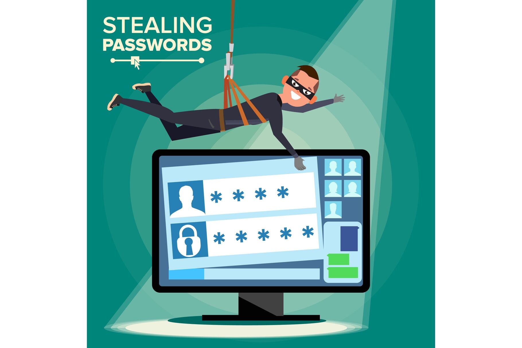 Hacker Stealing Password Vector. Thief Character. Crack Personal  Information From Computer. Fishing Attack. Web Viruses Concept. Hacking  Internet Social Network. Flat Cartoon Illustration By Pikepicture