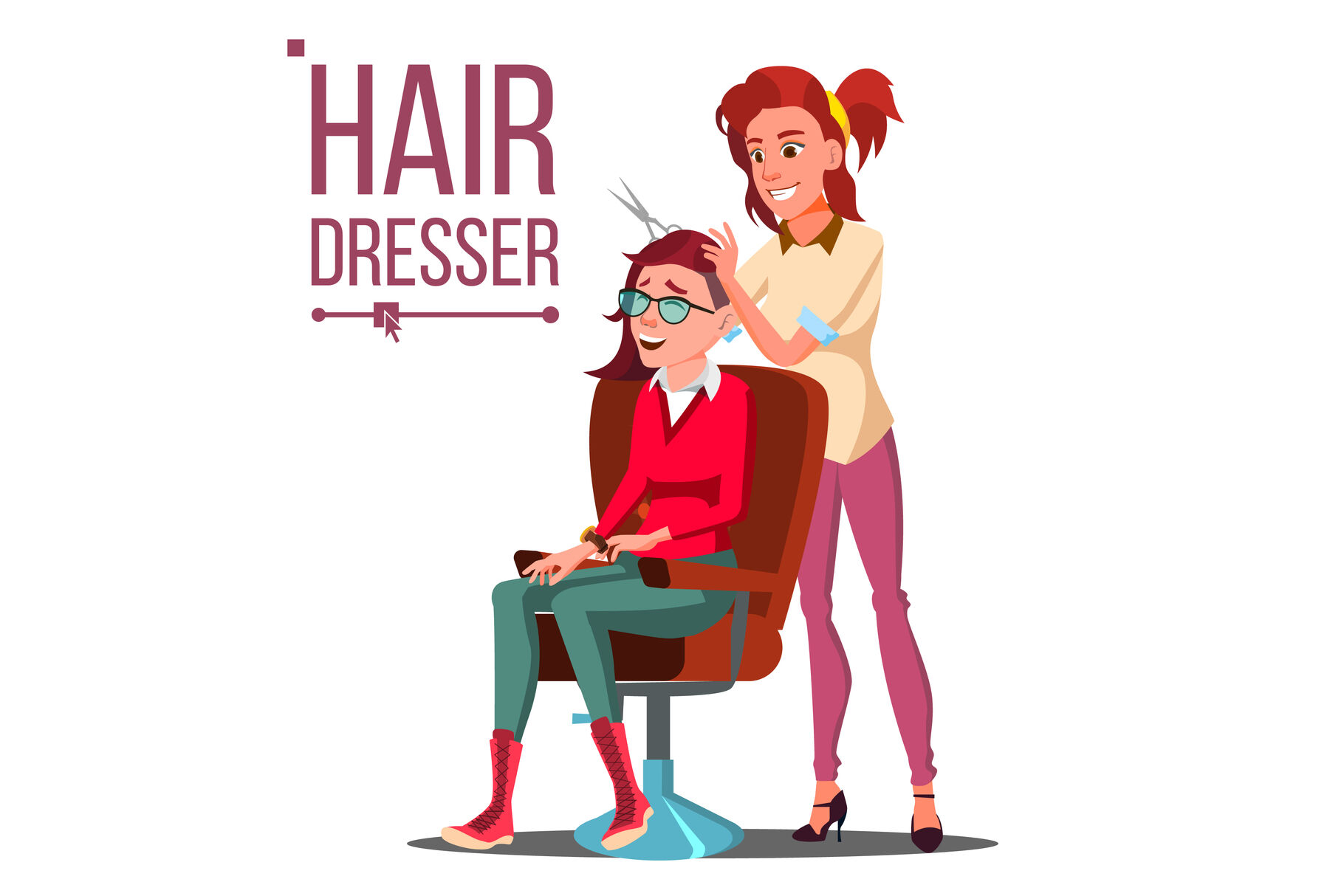 Hairdresser And Woman Vector. Beauty Salon. Hairbrush. Haircut. Styling