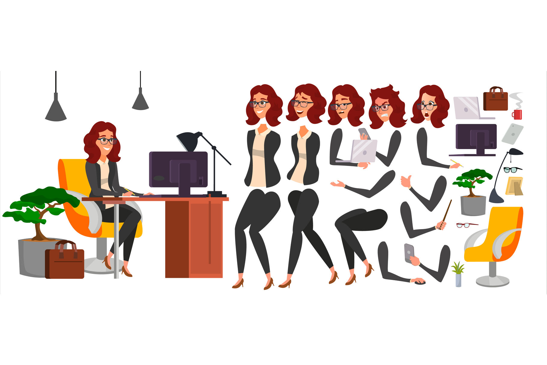 Business Woman Character Vector. Working Female Girl Boss. Office. Girl  Developer. Animation Set. Attractive Lady Programmer, Designer. Emotions.  Cartoon Illustration By Pikepicture | TheHungryJPEG