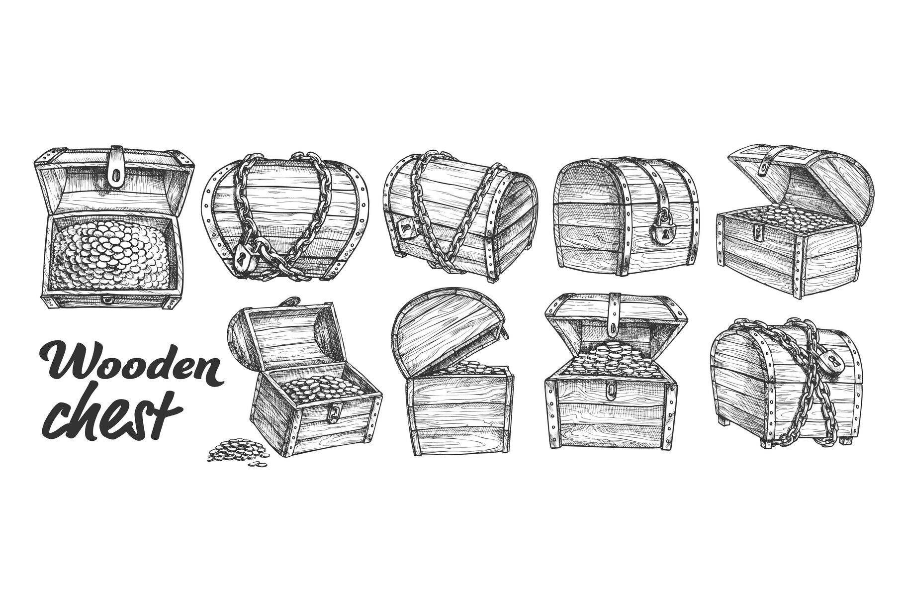 Treasure Chest Collection Monochrome Set Vector By Pikepicture Thehungryjpeg Com
