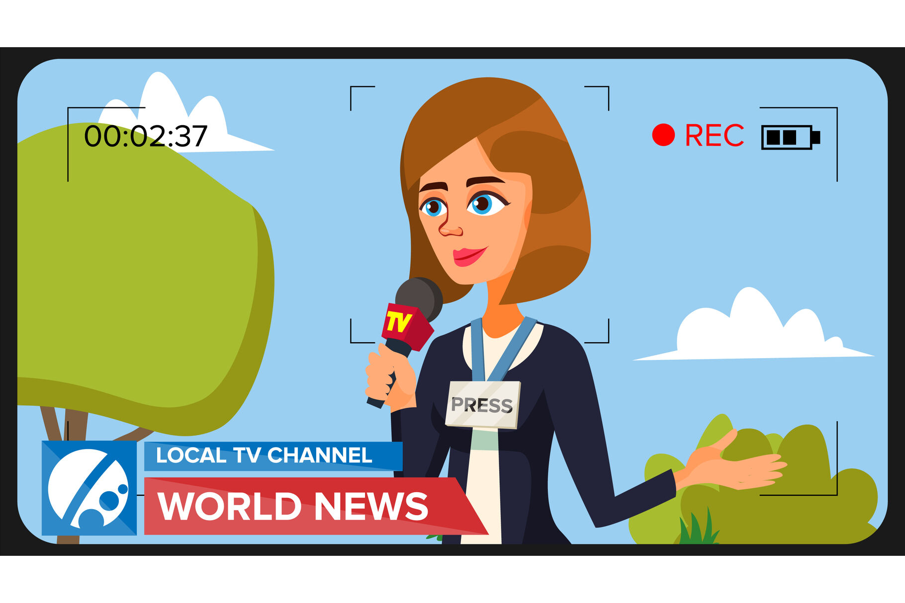 TV Reporter Presenting News. Vector Concept. Video Camera Viewfinder.  Female Recording TV News. Production Video. Microphone. Woman Journalists  Do Report. Flat Cartoon Illustration By Pikepicture | TheHungryJPEG