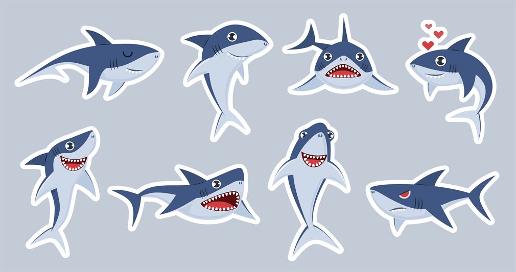 Ocean shark mascot. Happy sharks, scary jaws and underwater swimming c ...