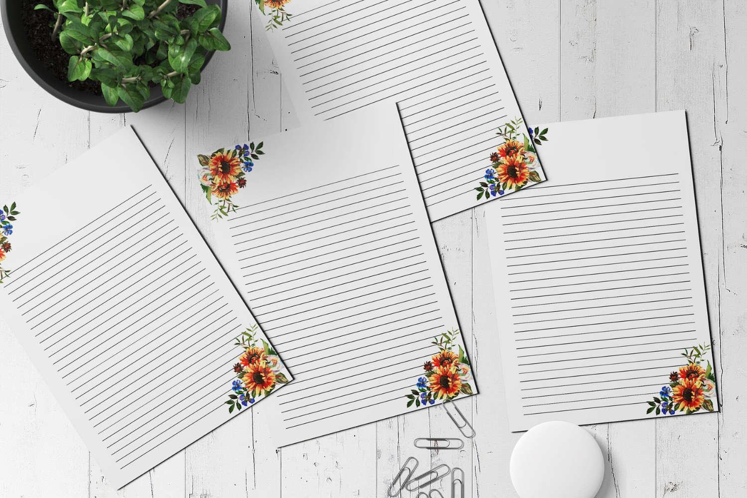 Watercolour Flower Border Lined A4 Paper, Instant Download, Printable Paper  