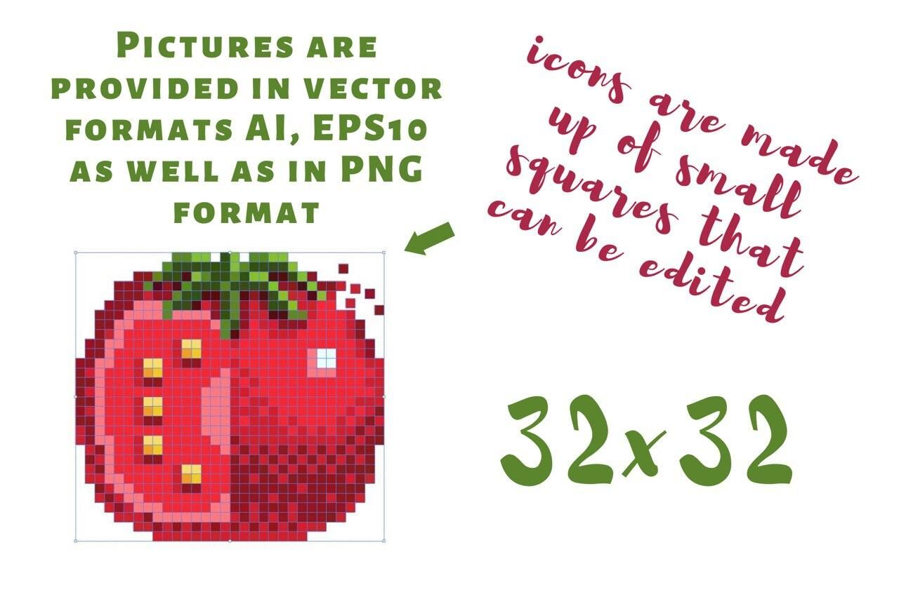 Set pixel art berries icon 32x32 pixels Royalty Free Vector