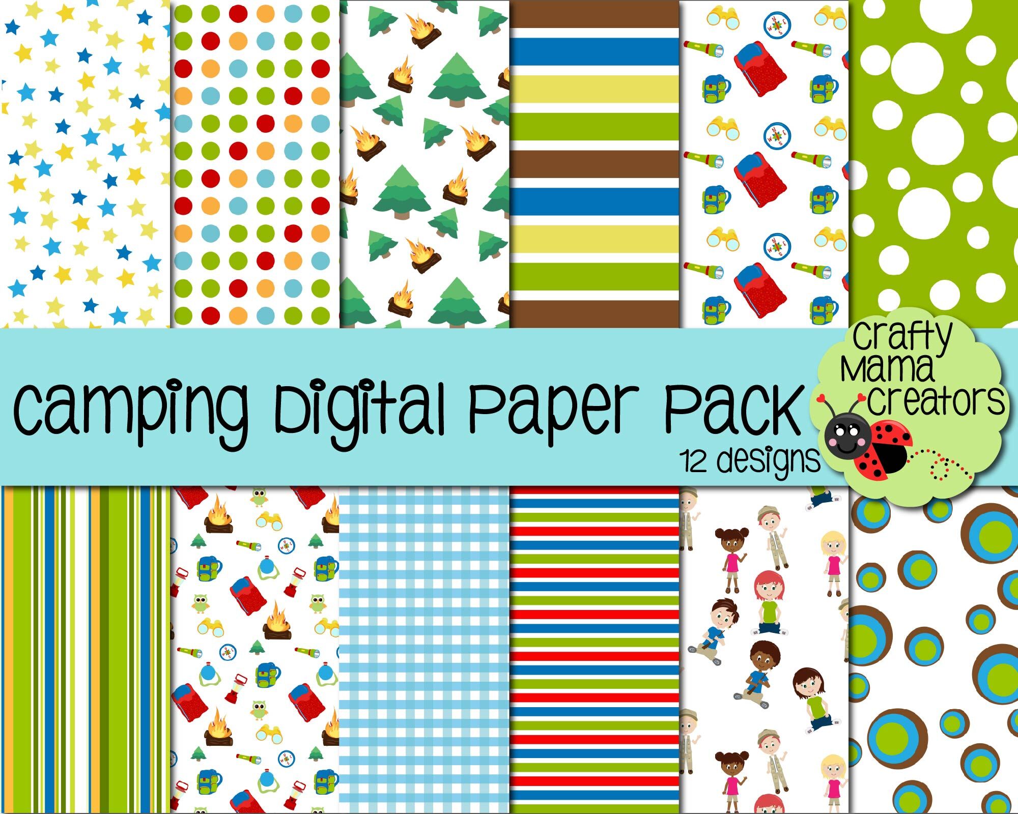 Camping Kids Digital Paper Pack, Summer Camp Scrapbook Paper By Crafty ...