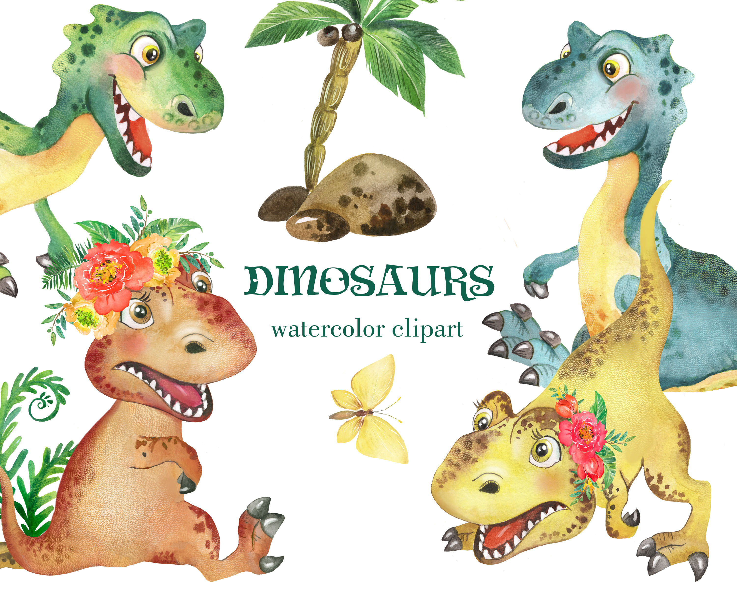 Watercolor Dinosaur Clipart. Dino baby clipart. Multi-colored dinosaur ...