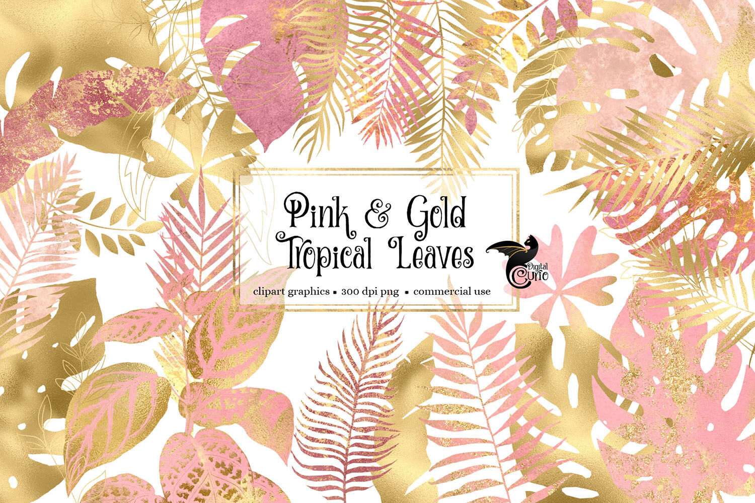 Pink and Gold Tropical Leaves By Digital Curio | TheHungryJPEG