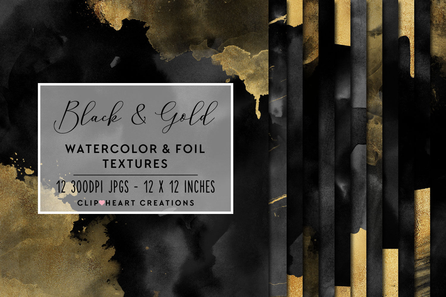 Black and Gold Watercolor Digital Paper, Black Background, Paper