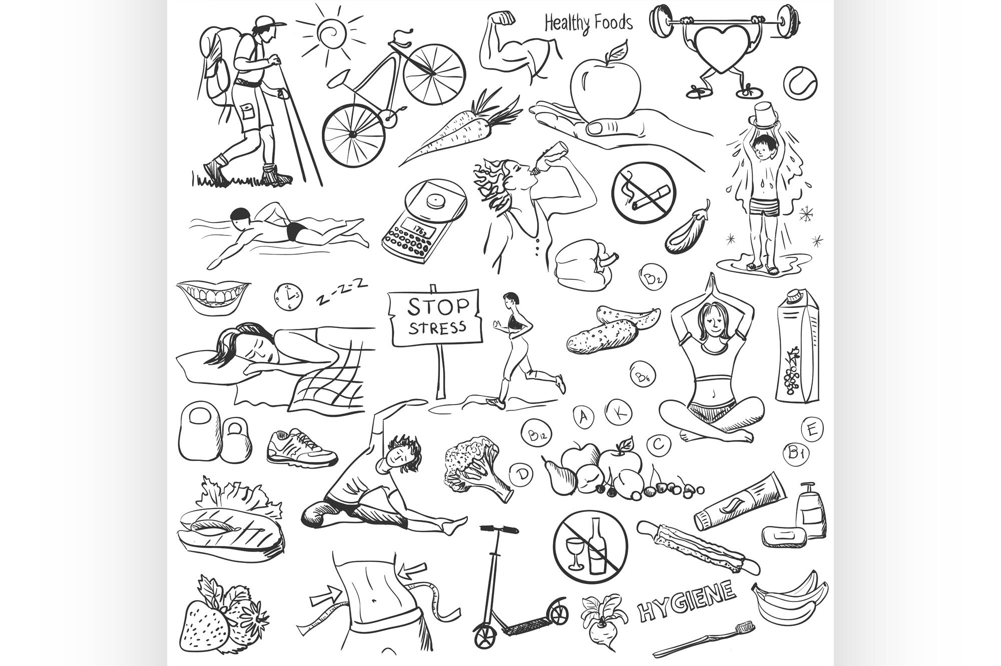 Healthy Lifestyle Chart With Keywords And Sketch Icons Stock Photo, Picture  and Royalty Free Image. Image 59878463.