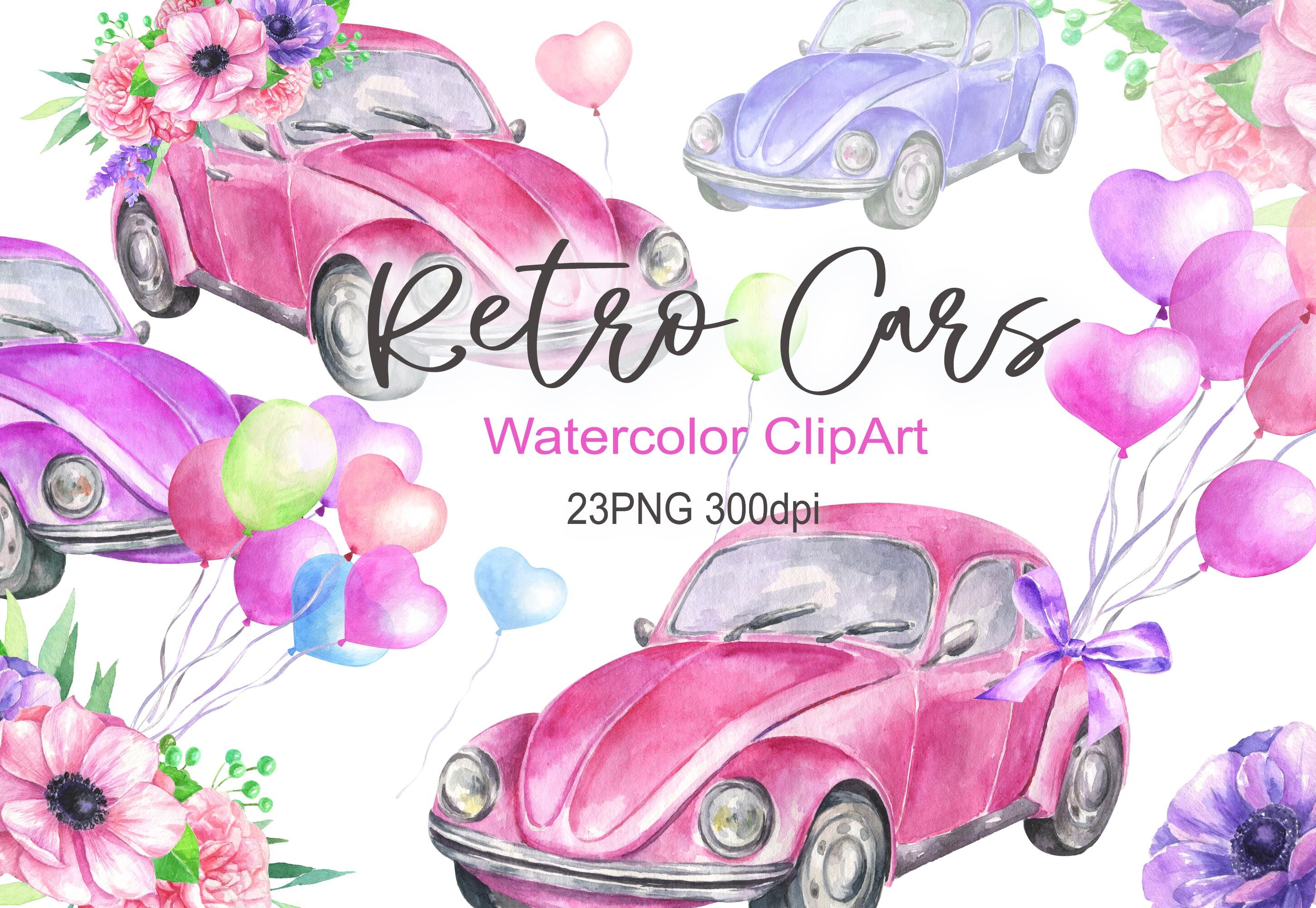 Download Watercolor vintage retro pink car clipart balloons flowers ...