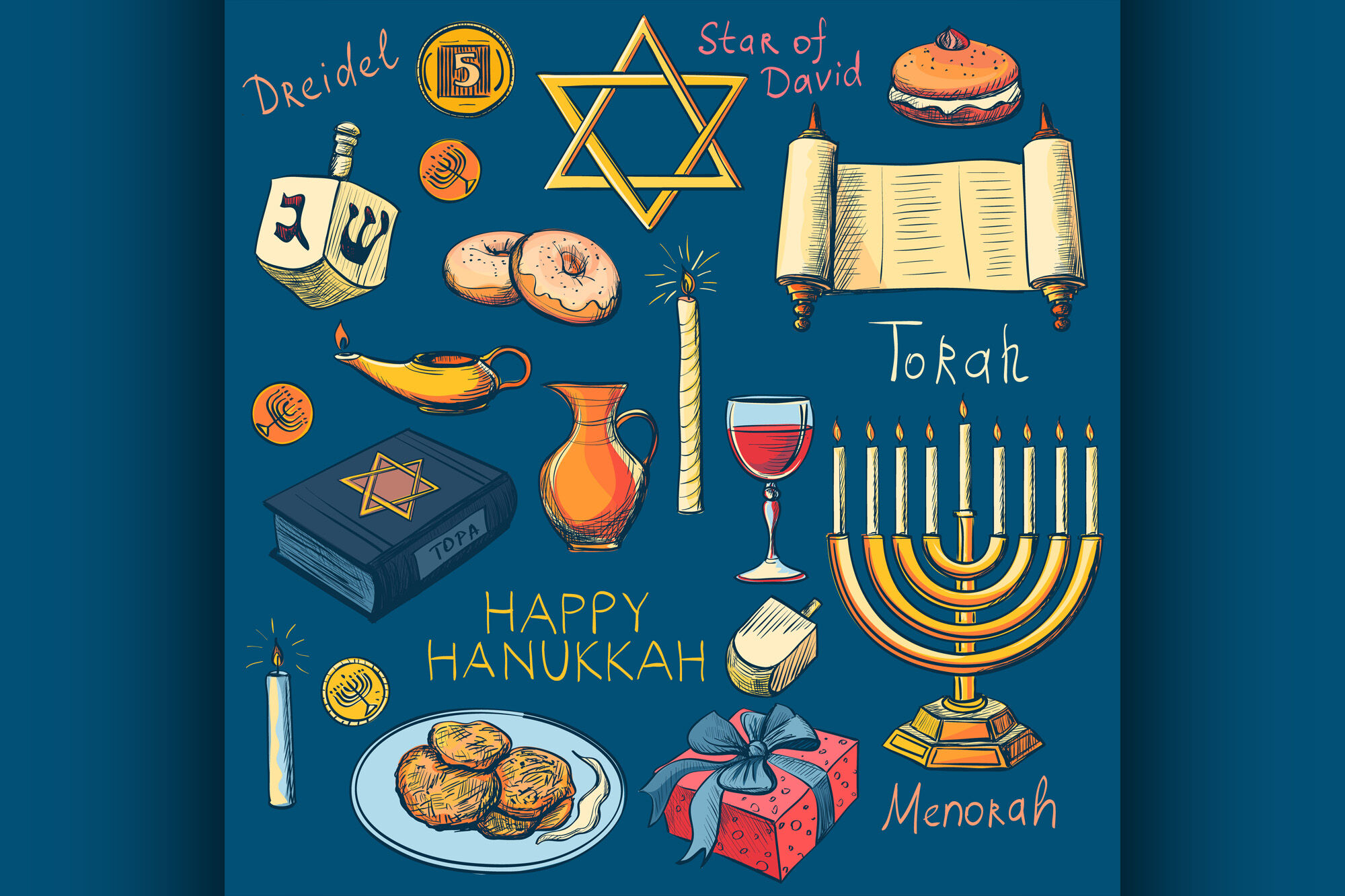 Hanukkah traditional jewish holiday symbols set By Netkoff TheHungryJPEG