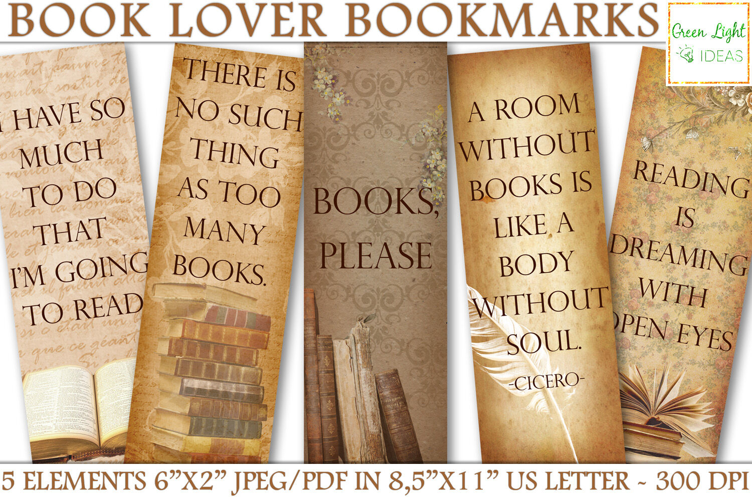 printable bookmarks book lover vintage digital bookmarks by green light ideas thehungryjpeg com