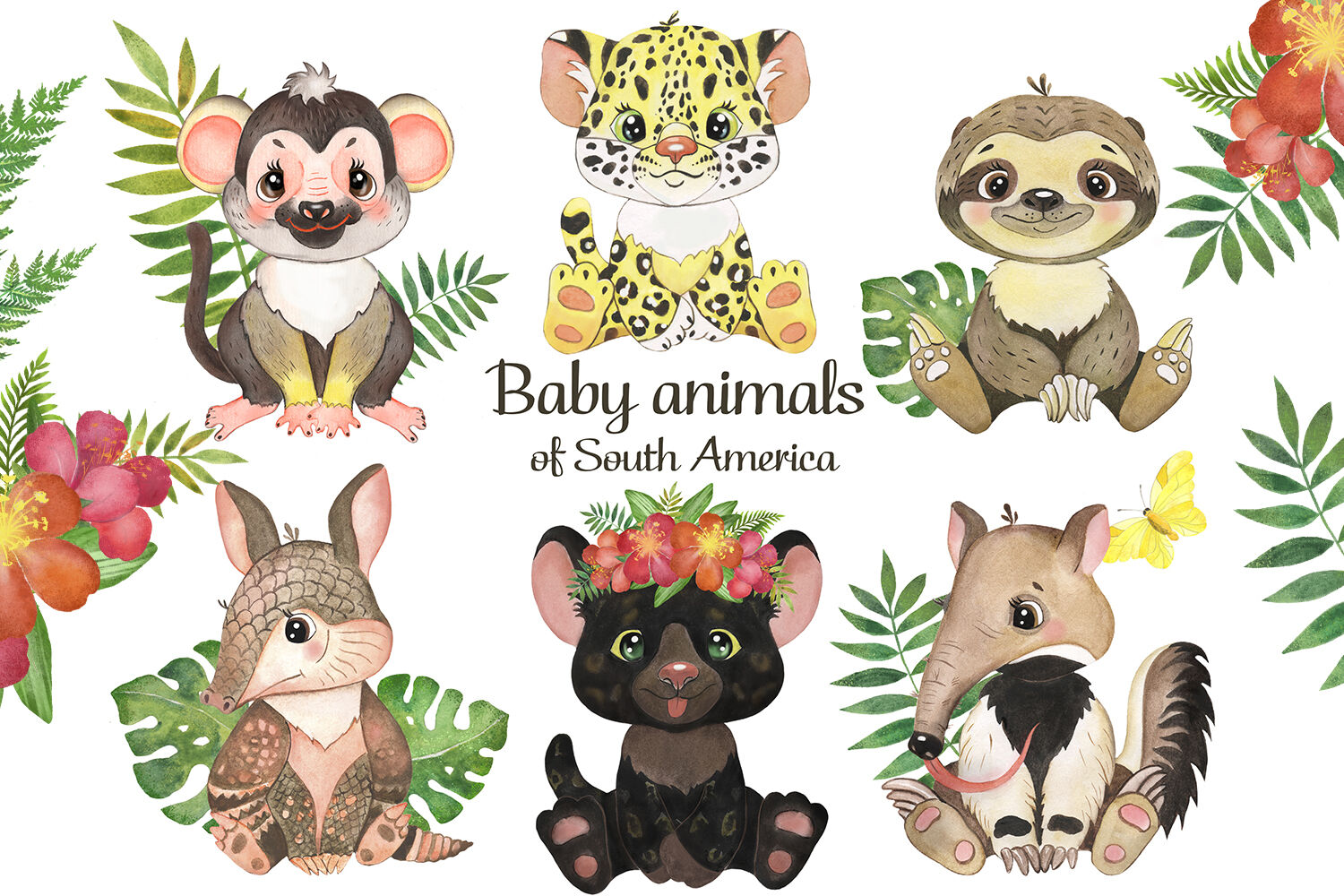 Baby animals clipart. South American animals Safari animals watercolor By  Evgeniia Grebneva Painting | TheHungryJPEG