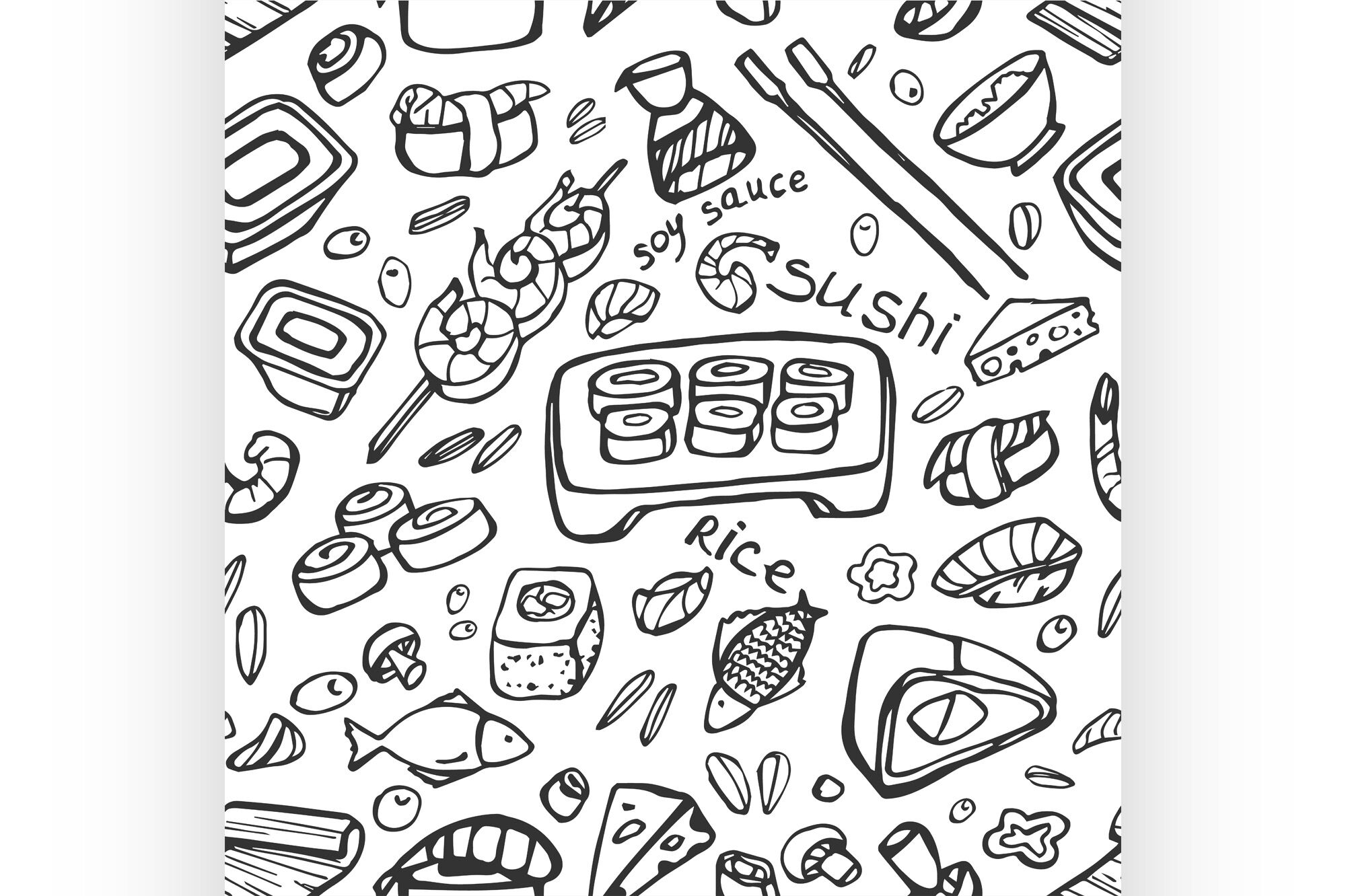Japanese Food Sushi Doodle Pattern By Netkoff Thehungryjpeg Com