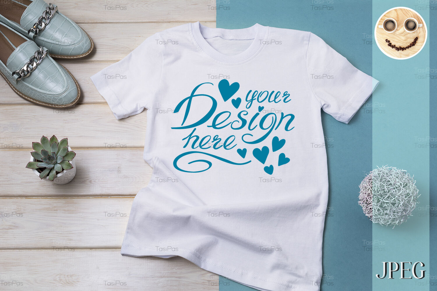 Download Womens T-shirt mockup with turquoise loafers. By TasiPas ...