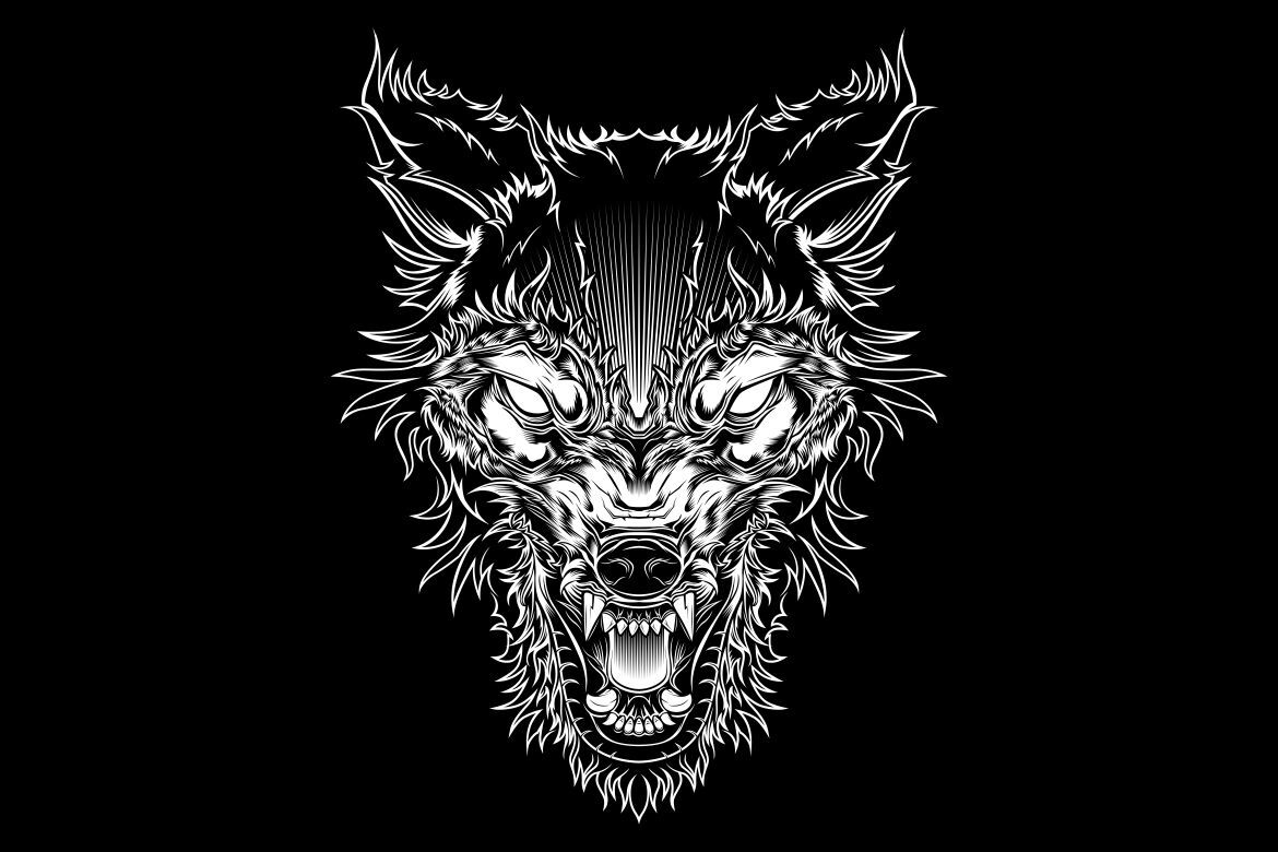 Vector illustration head ferocious wolf, outline silhouette on a black ...