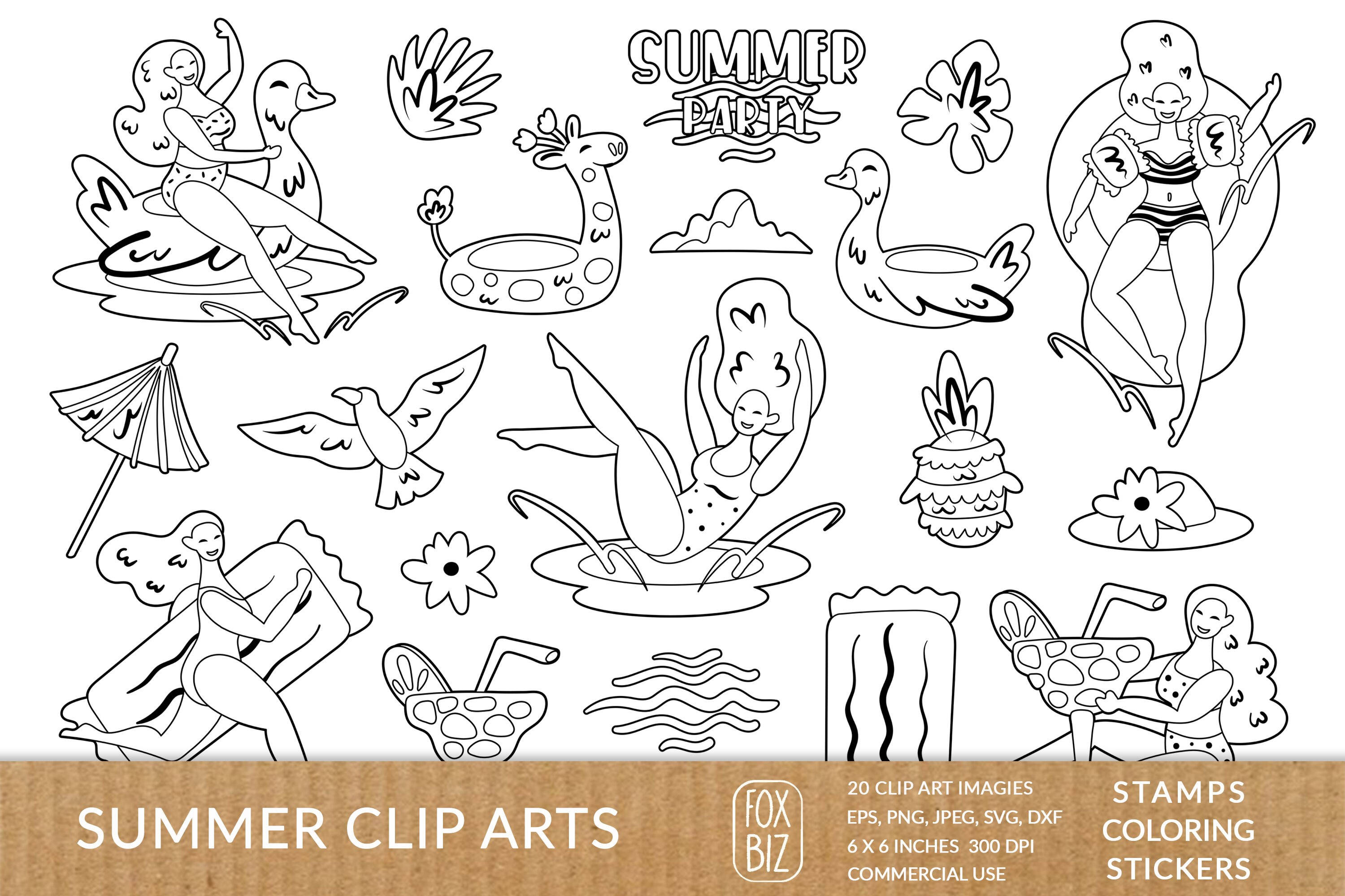 Summer Girls Clipart Digital Prints Stamps Coloring Page By Fox Biz Thehungryjpeg Com