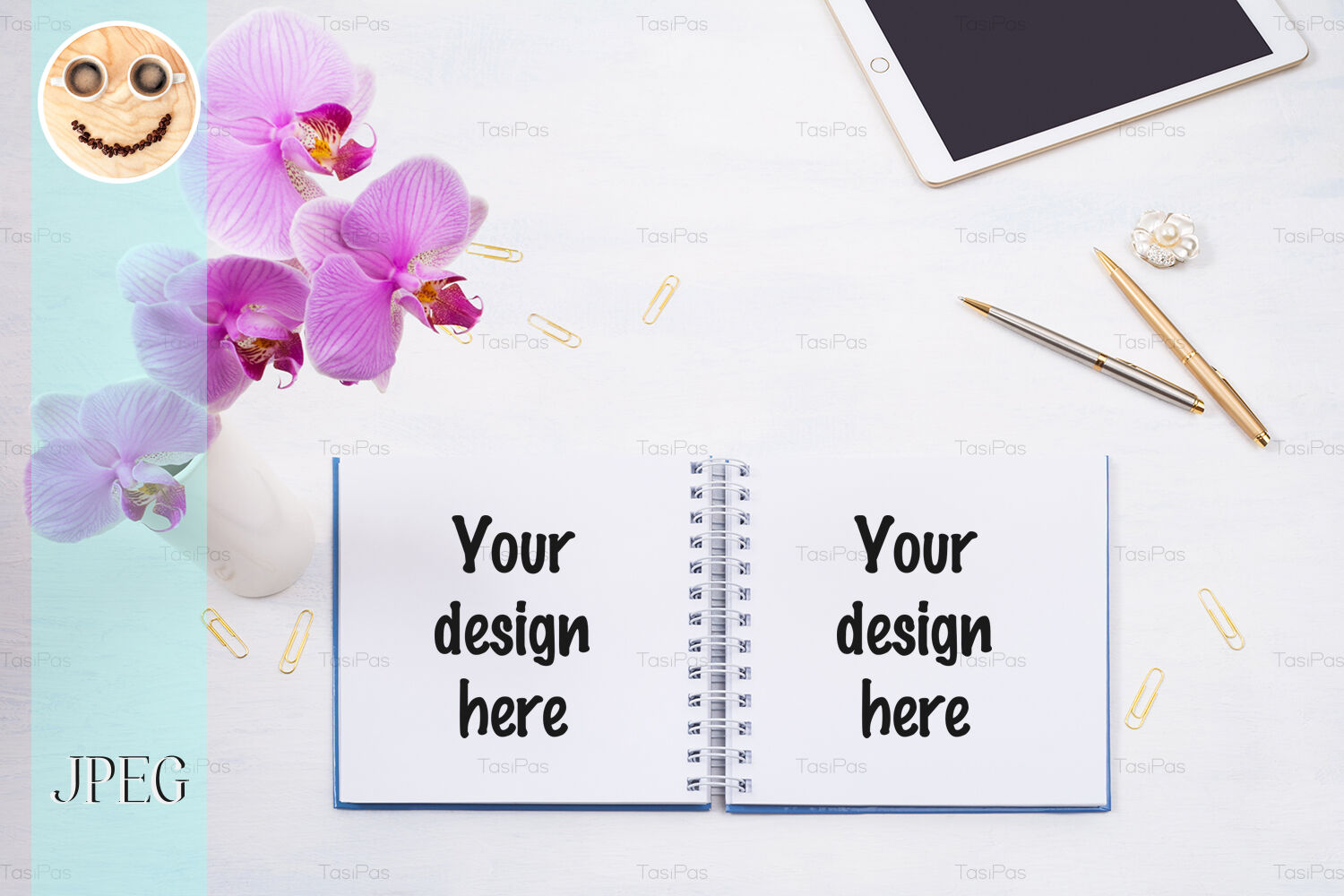 Download Notepad mockup with tablet and pink orchid on the white ...