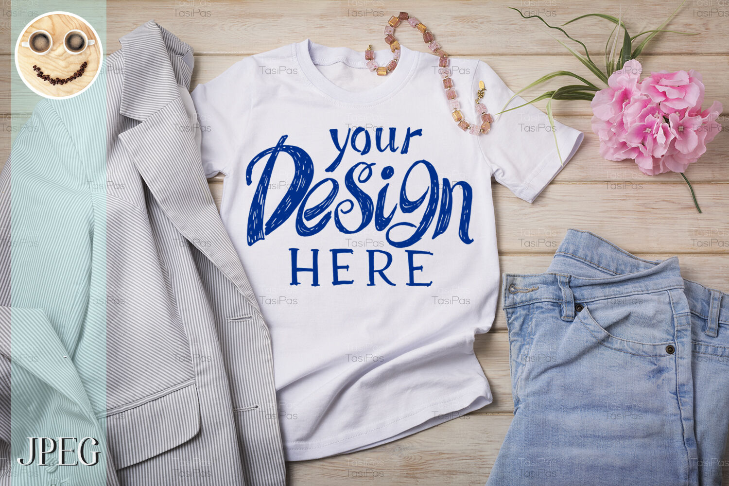 Womens T-shirt mockup with jeans and striped blazer. By TasiPas ...