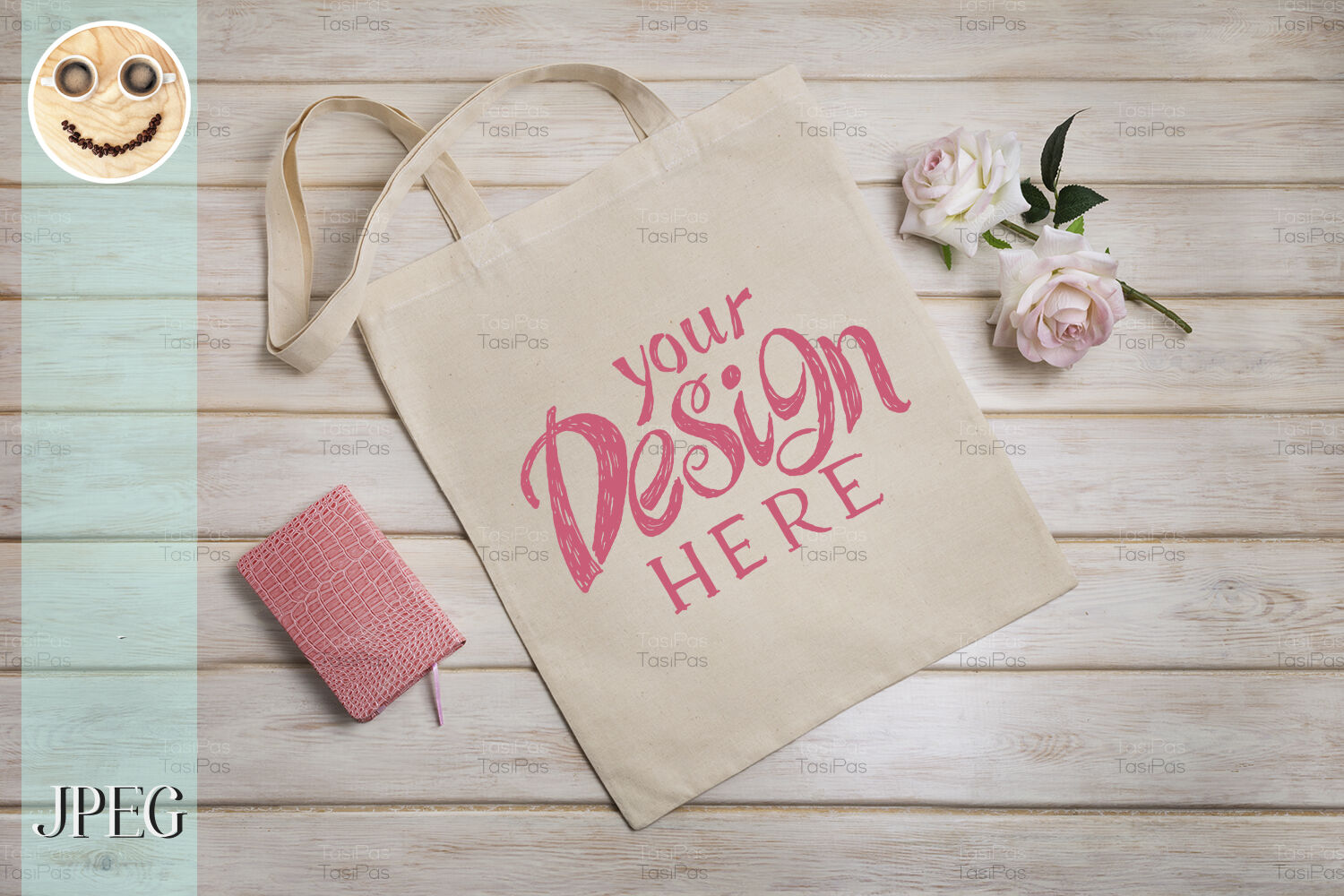 Tote bag mockup with roses and notepad. By TasiPas | TheHungryJPEG