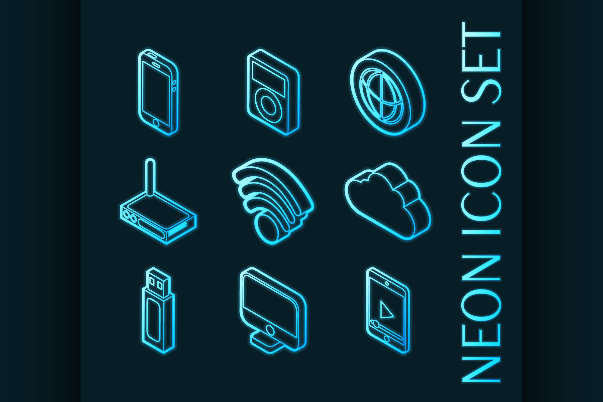 Internet And Technology Set Icons Blue Neon Style By Netkoff Thehungryjpeg Com