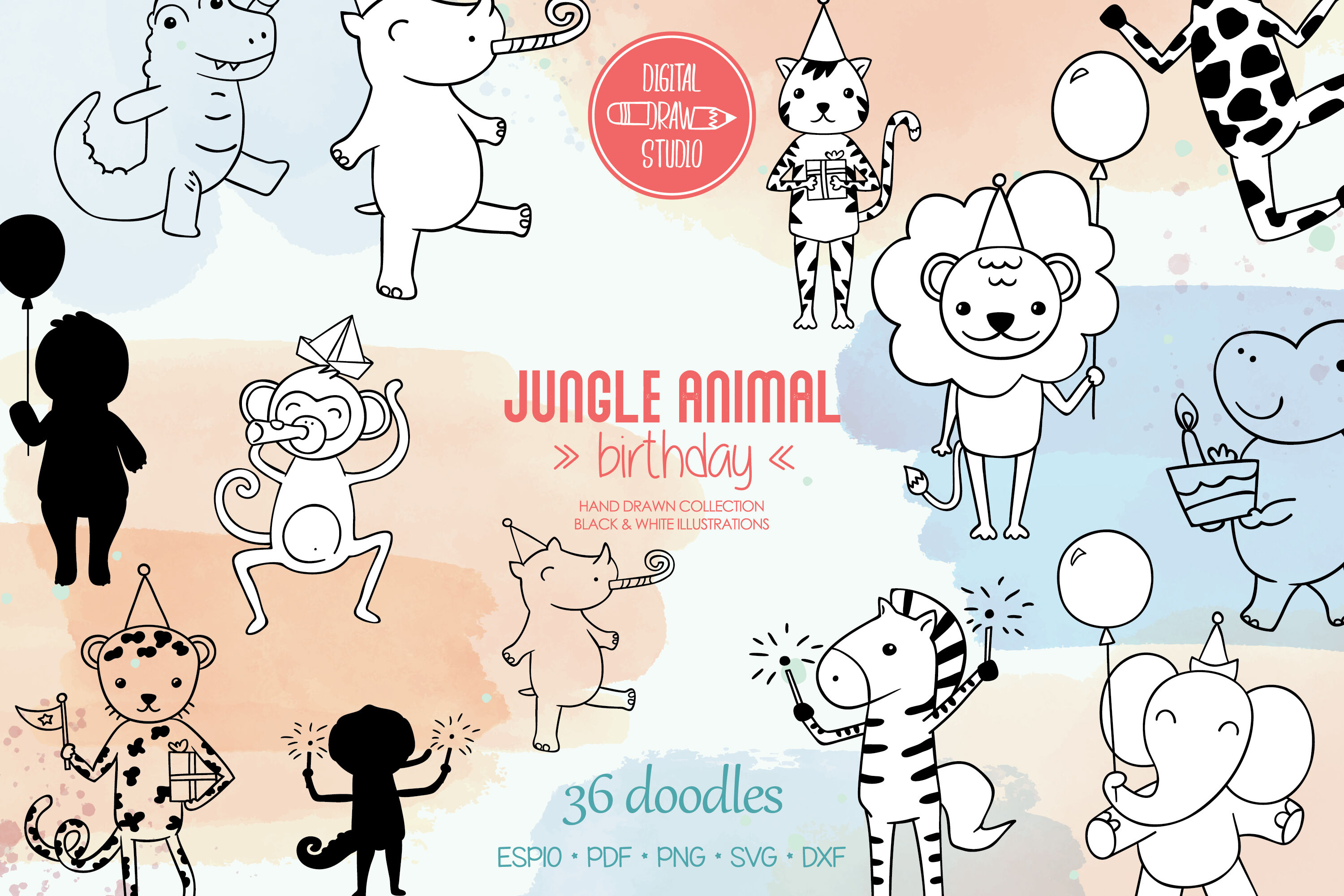 Download Jungle Animal Hand Drawn Birthday Characters By Digital Draw Studio Thehungryjpeg Com