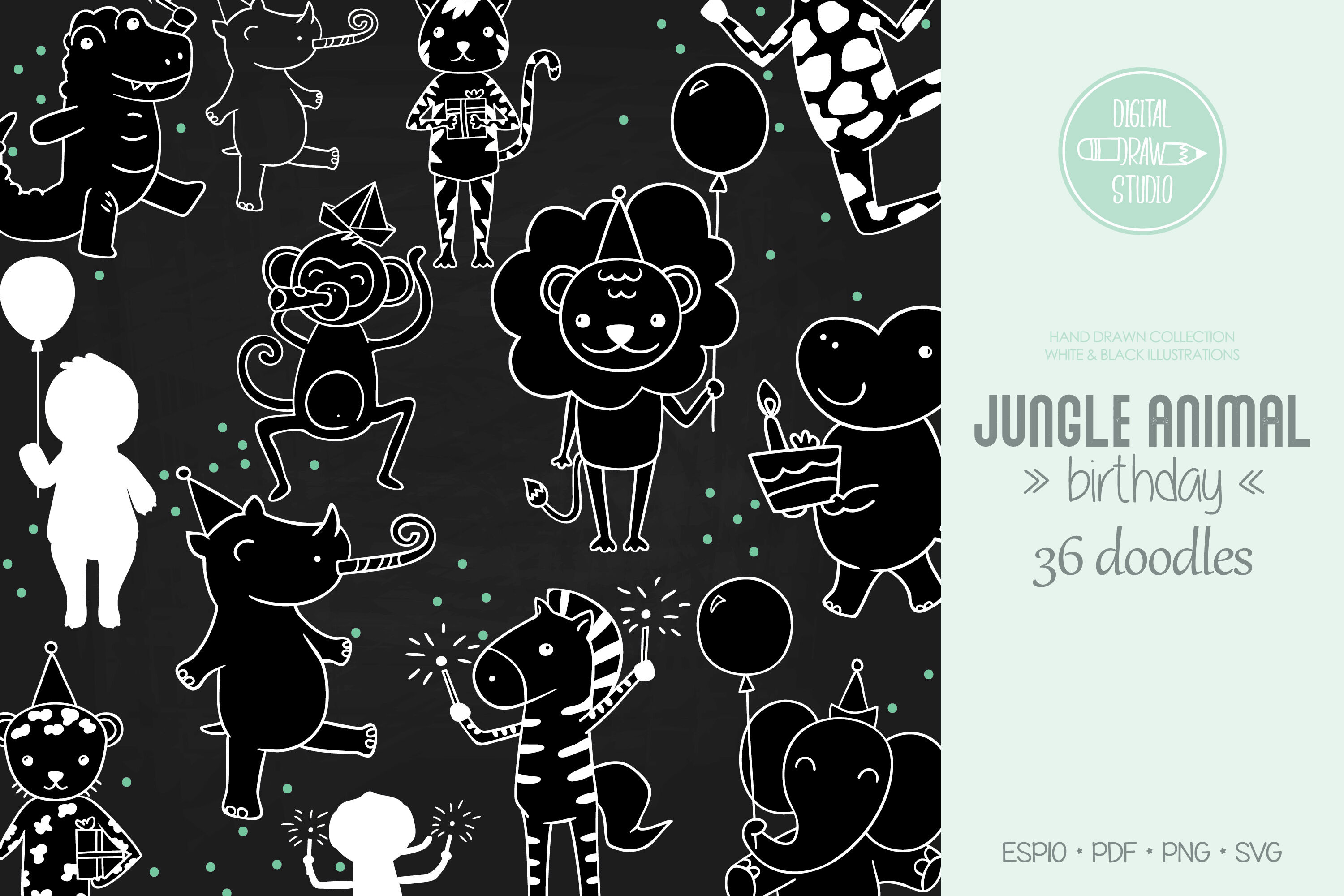 Download Jungle Animal White Hand Drawn Birthday Characters By Digital Draw Studio Thehungryjpeg Com