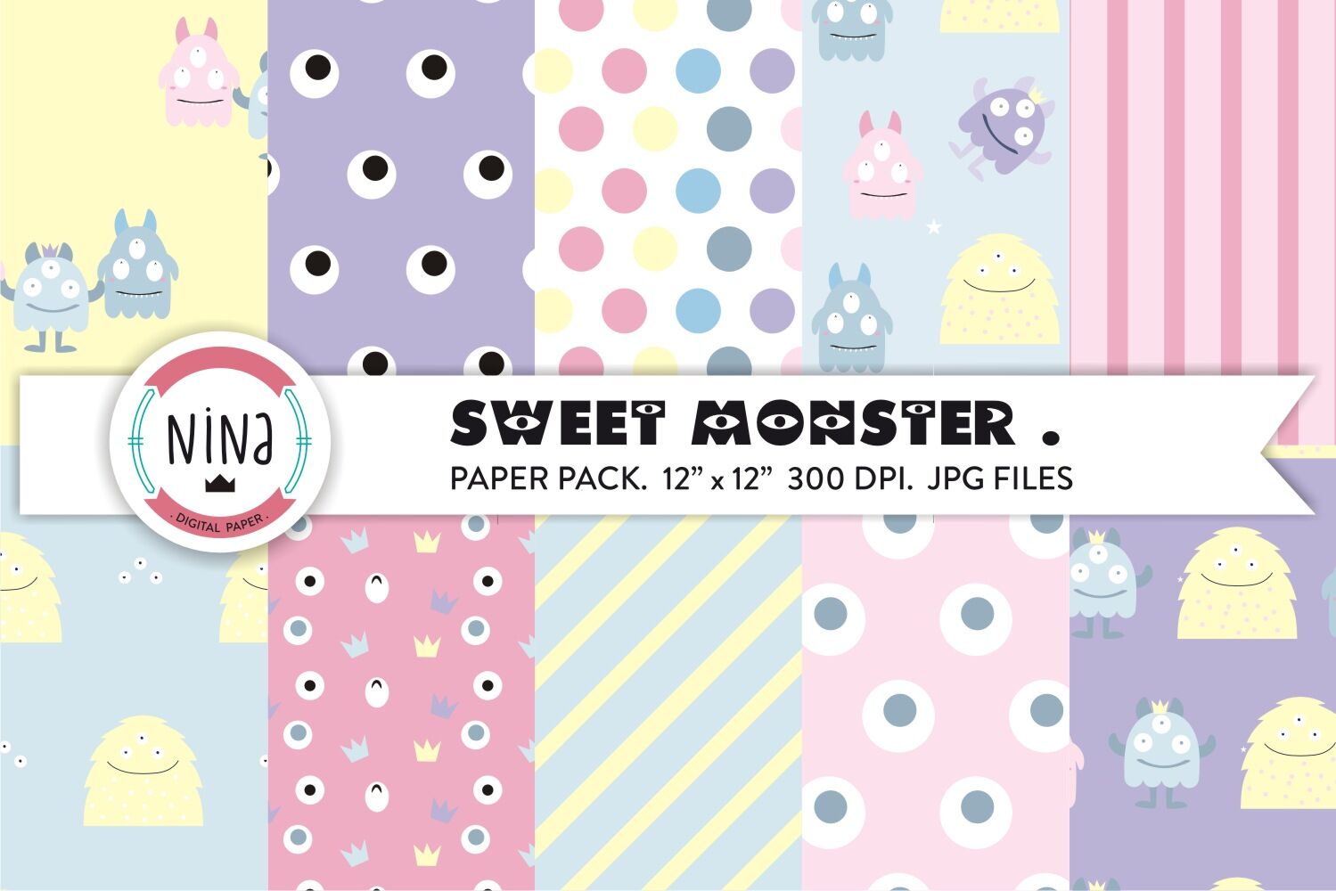 Sweet Monster Digital Paper Cute Monsters Kids Patterns By Ninaprints Thehungryjpeg Com