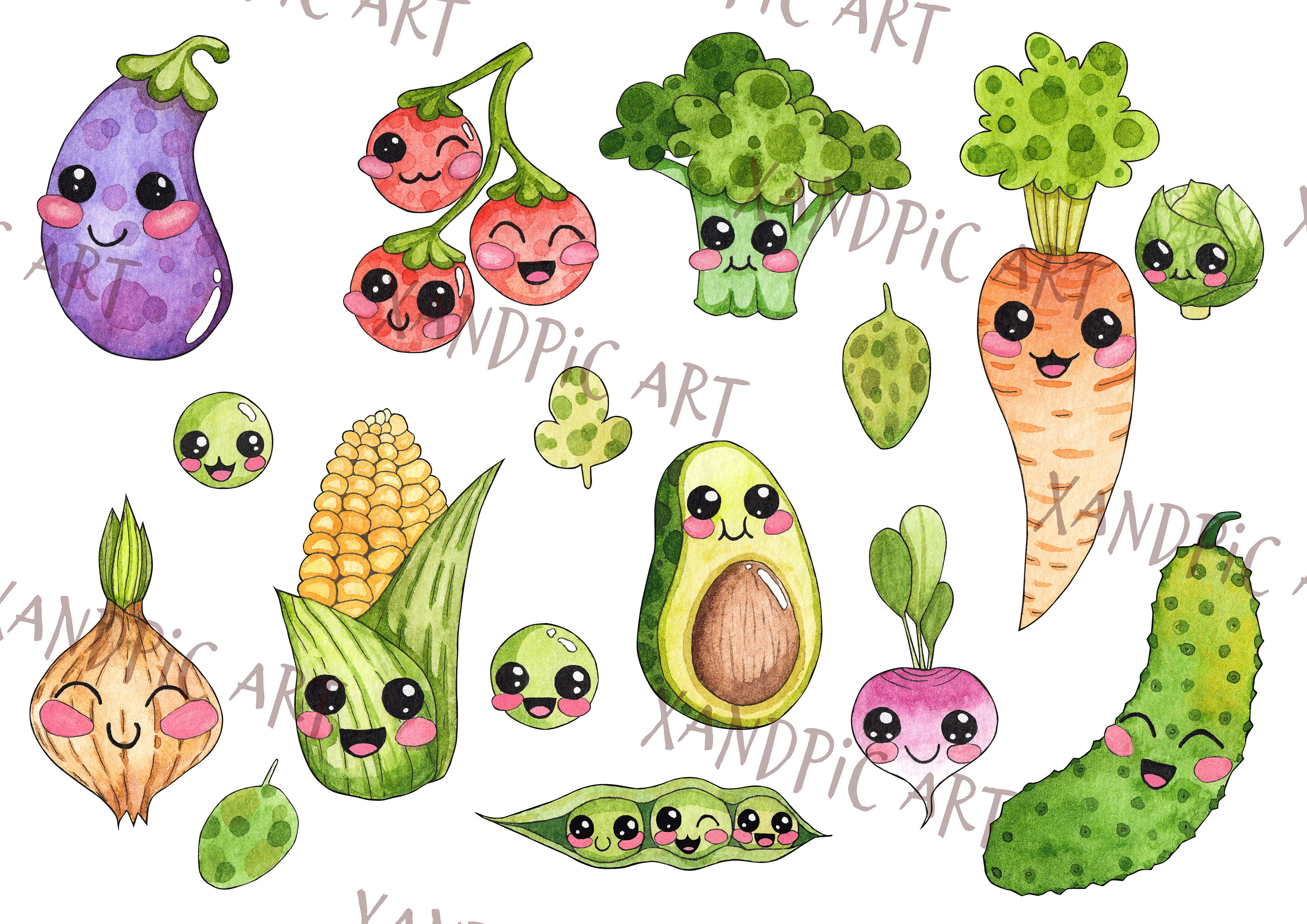 Kawaii Vegetables Clipartwatercolor hand drawing. Cute vegetables By