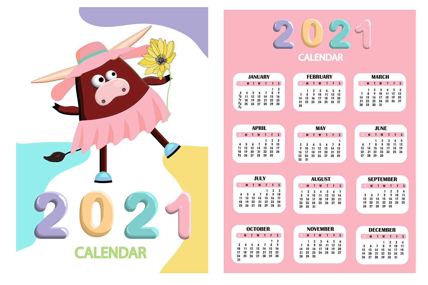 Calendar 2021. Cute design. Symbol of the year bull or ox ...