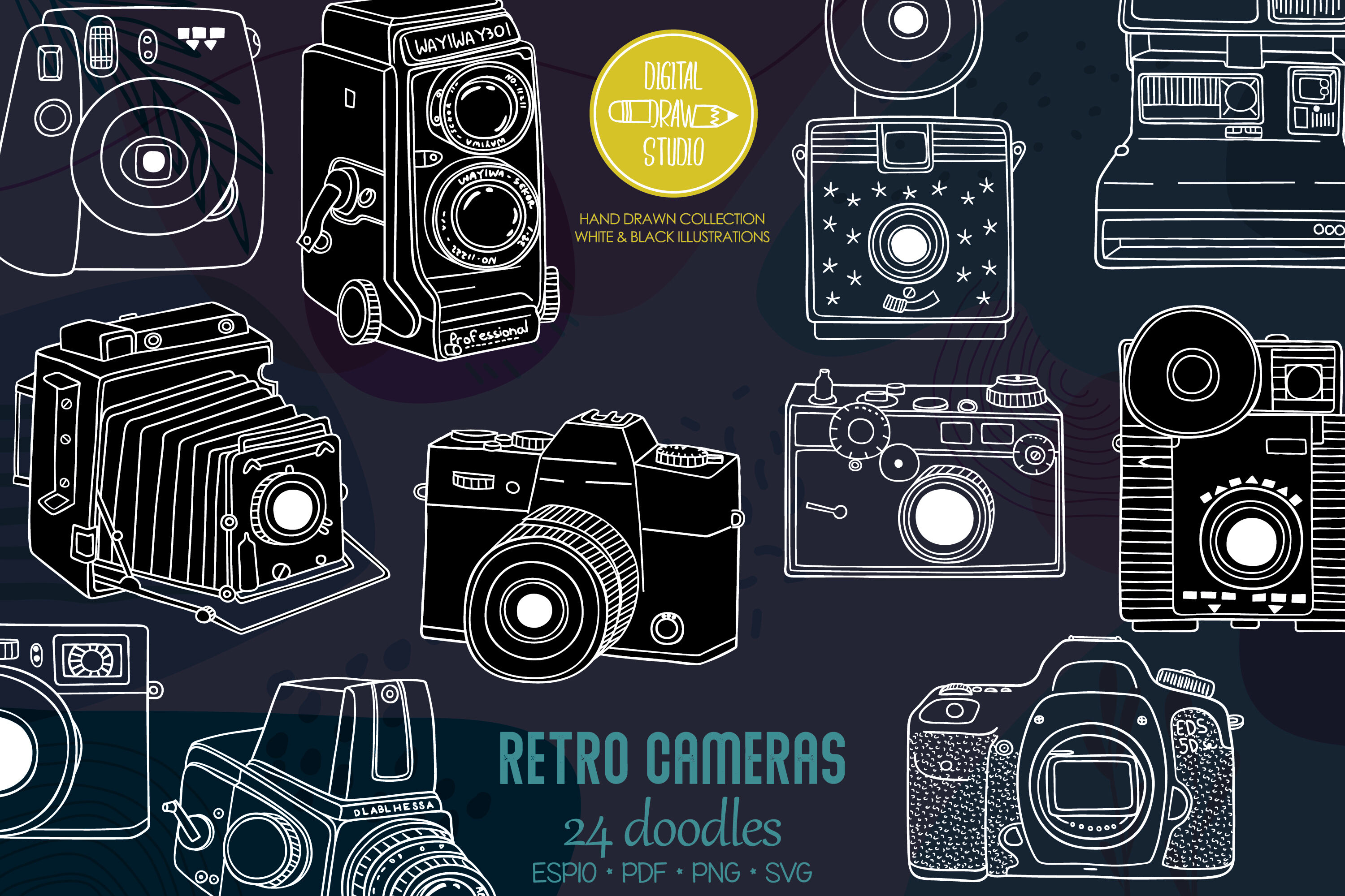 Download Vintage Cameras White Hand Drawn Polaroid Picture Retro Video By Digital Draw Studio Thehungryjpeg Com