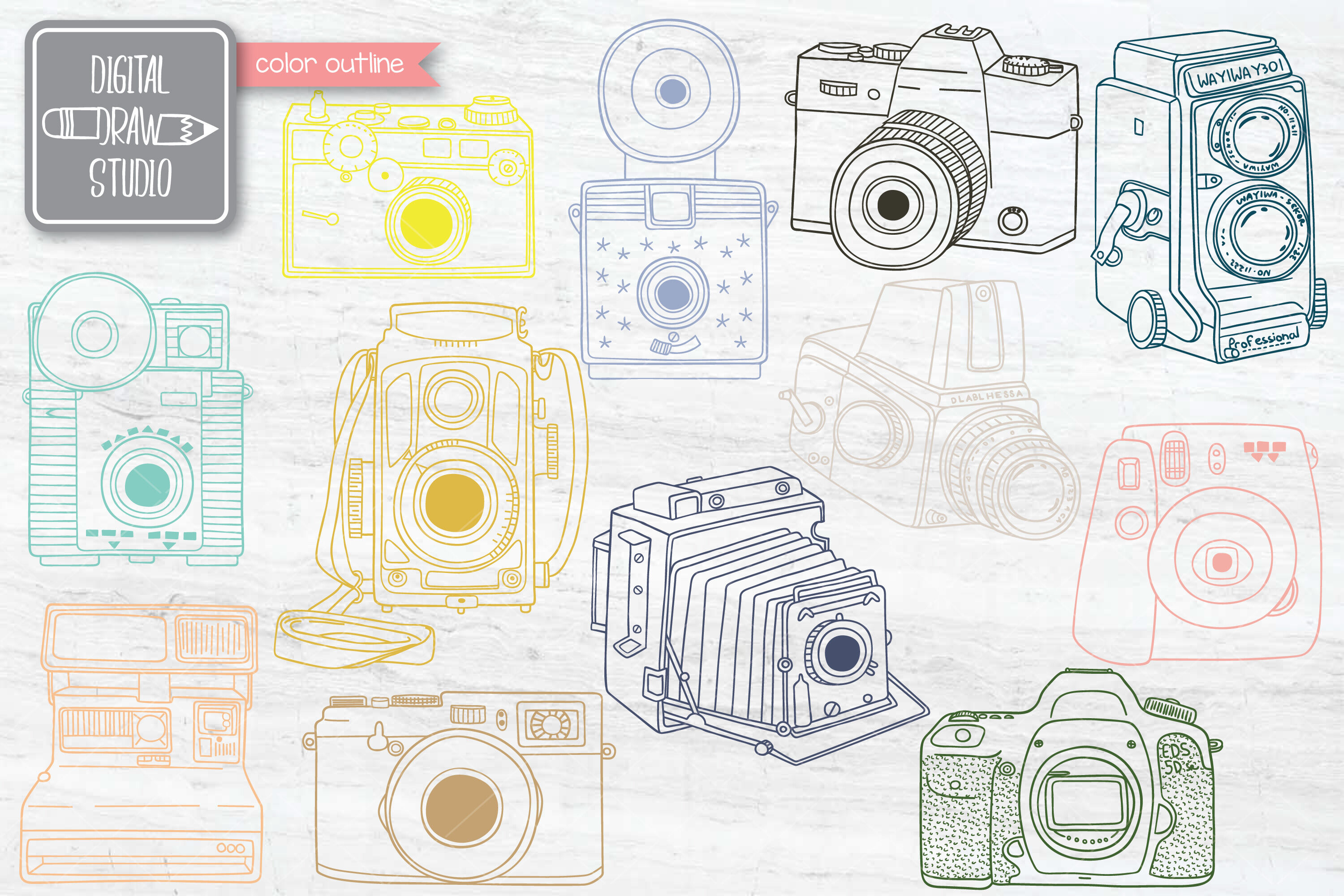 Hand Drawn Vintage Cameras Colored Polaroid Vector Retro Video By Digital Draw Studio Thehungryjpeg Com In my case, i am thinking about buying new compact digital camera which should be hanging over the table and recording my daily drawing process. hand drawn vintage cameras colored