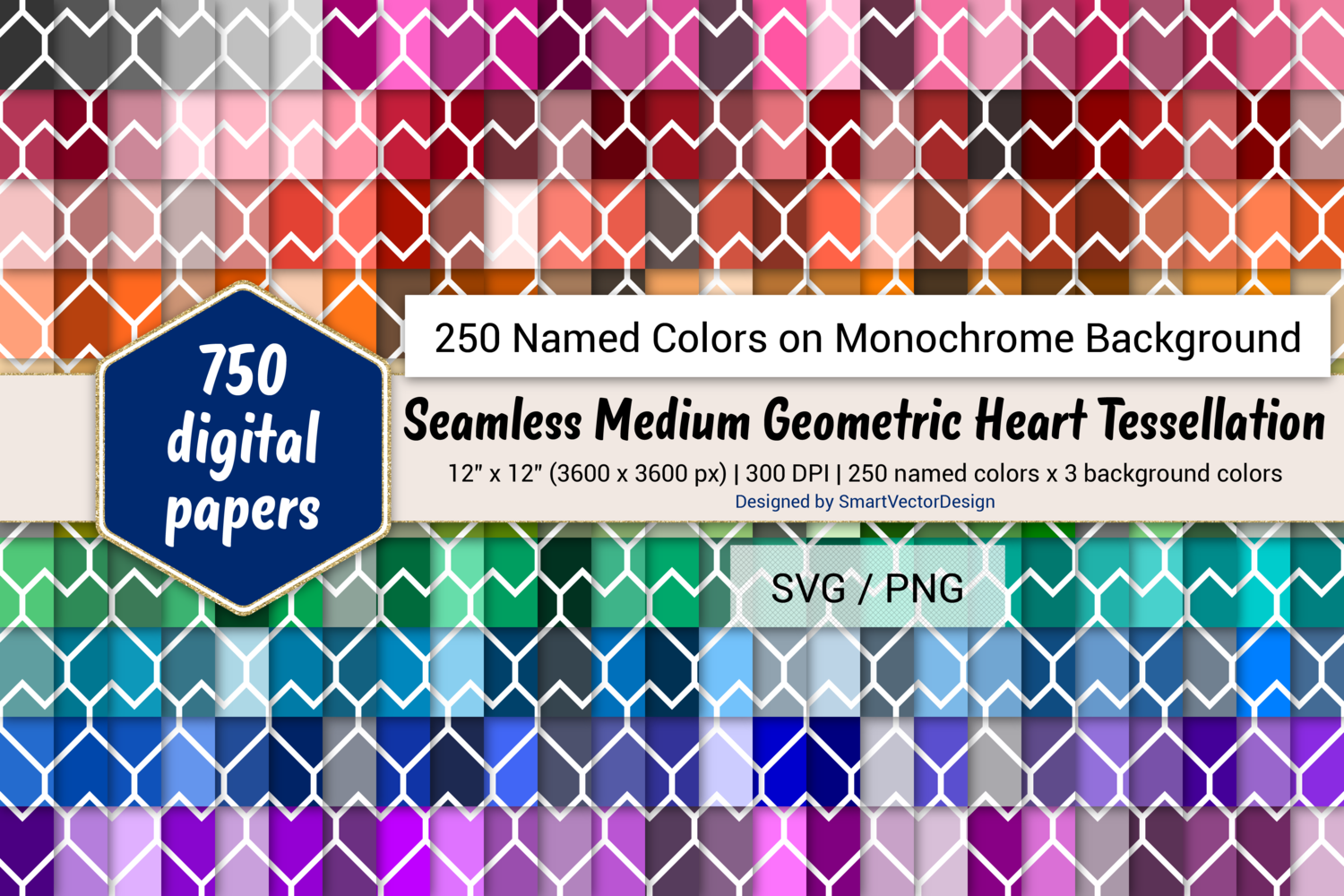 Seamless Geometric Heart Tessellation Digital Paper - 250 colors on BG By  SmartVectorDesign