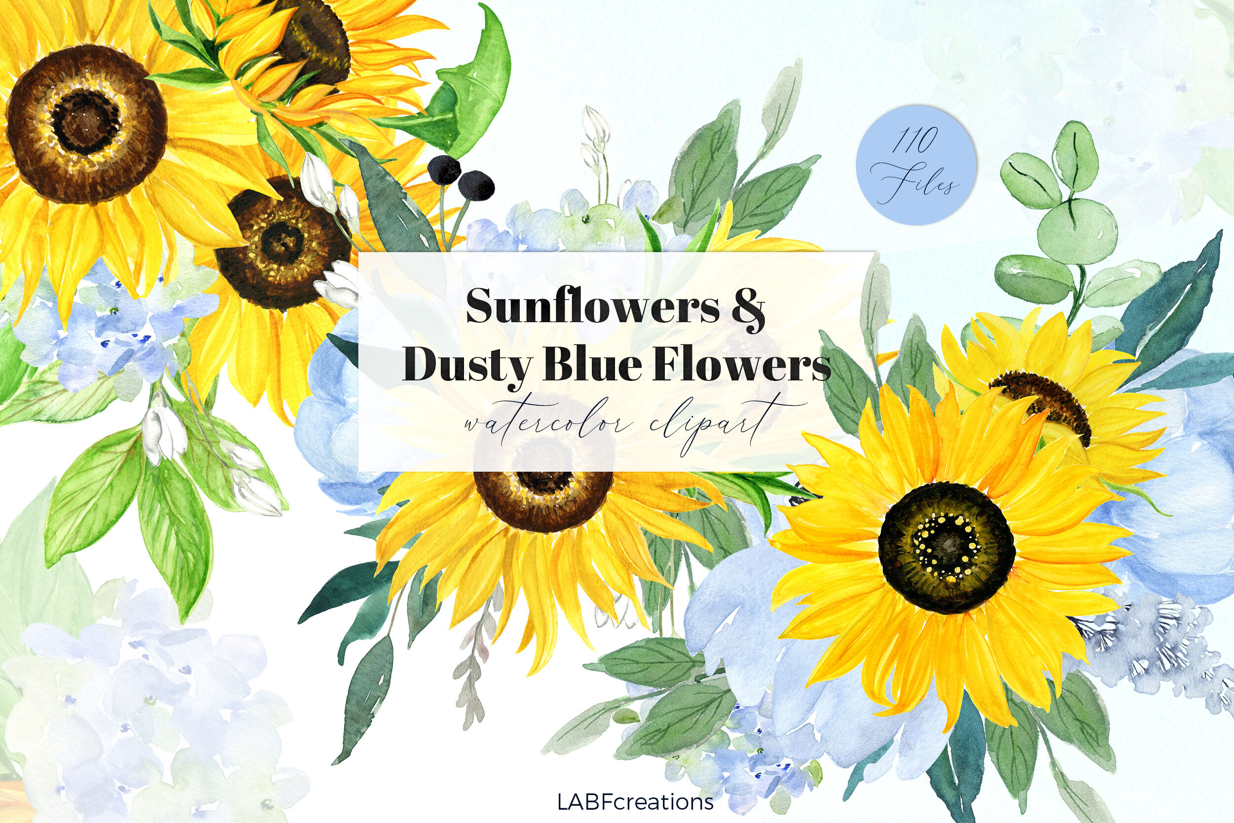 Sunflowers & Dusty Blue Flowers. Watercolor Clipart. Boho By