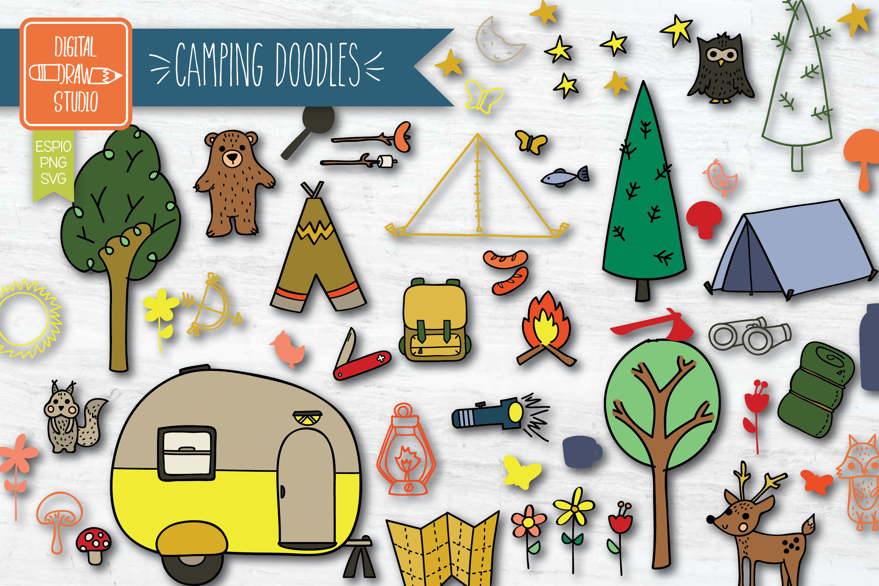 Hand Drawn Camping Colored Outdoor Illustration Woodland Clip Art By Digital Draw Studio Thehungryjpeg Com