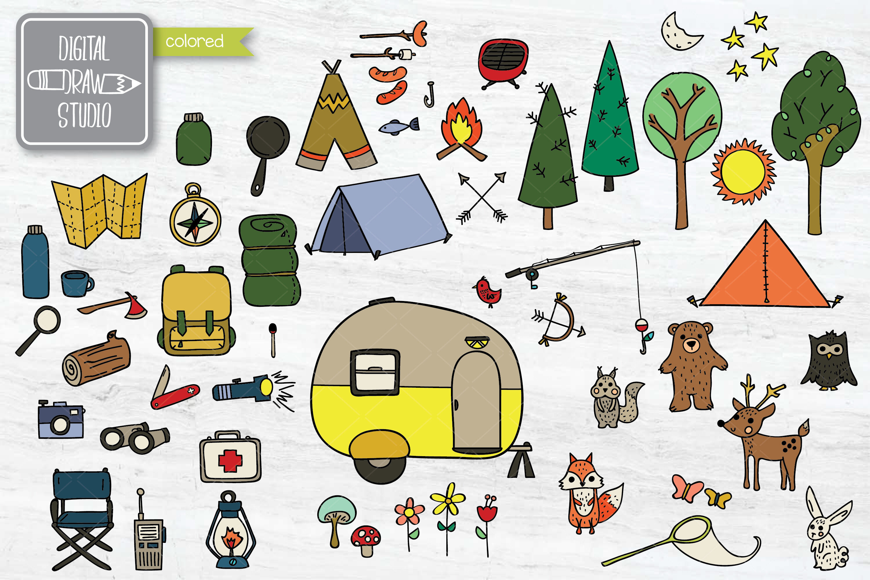 Hand Drawn Camping Colored | Outdoor illustration | Woodland Clip Art ...