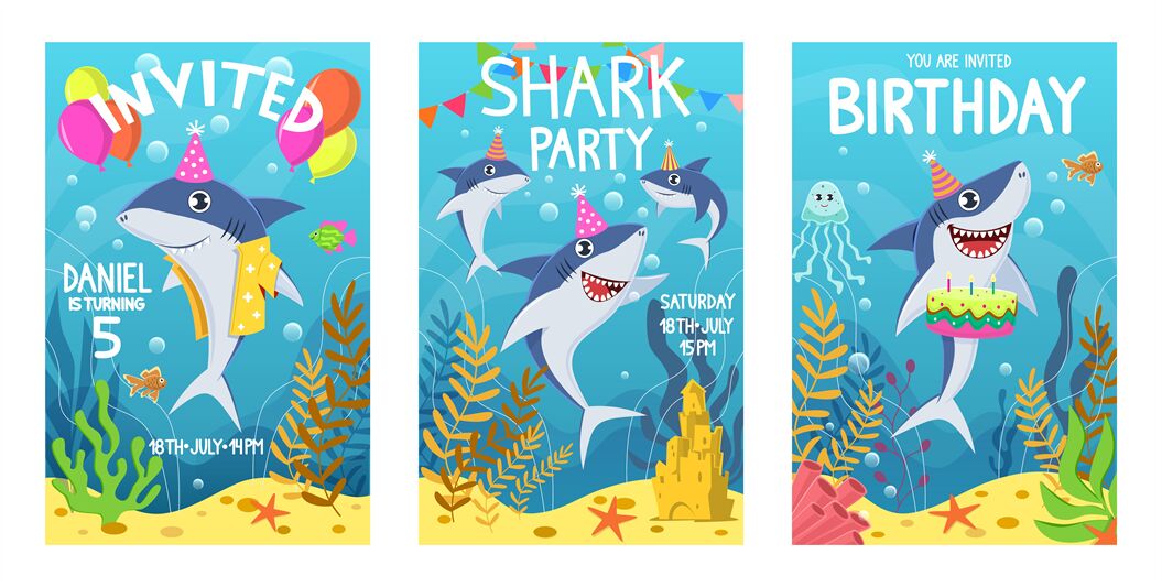 Invitations Card With Cute Sharks Color Greeting Card Undersea World By Yummybuum Thehungryjpeg Com