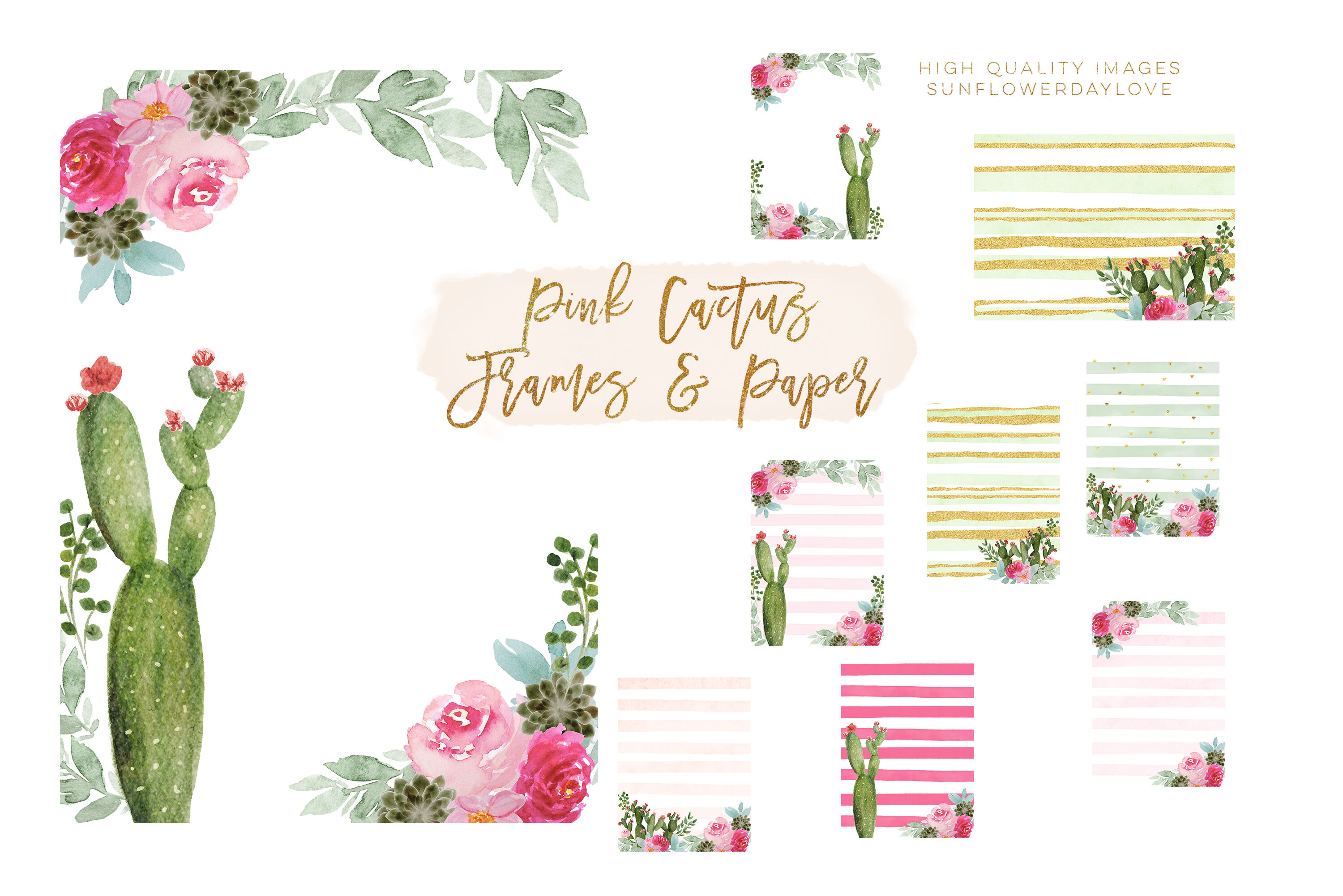 Mexican Cactus Clipart, Mexican Pink Floral paper, Cactus