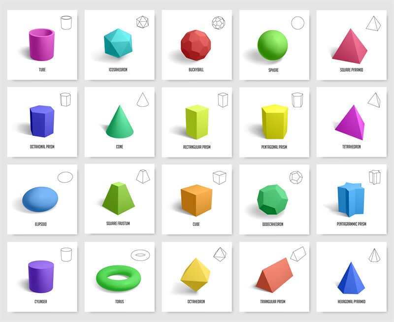 Realistic 3d geometric shapes. Basic geometry prism, cube, cylinder fi
