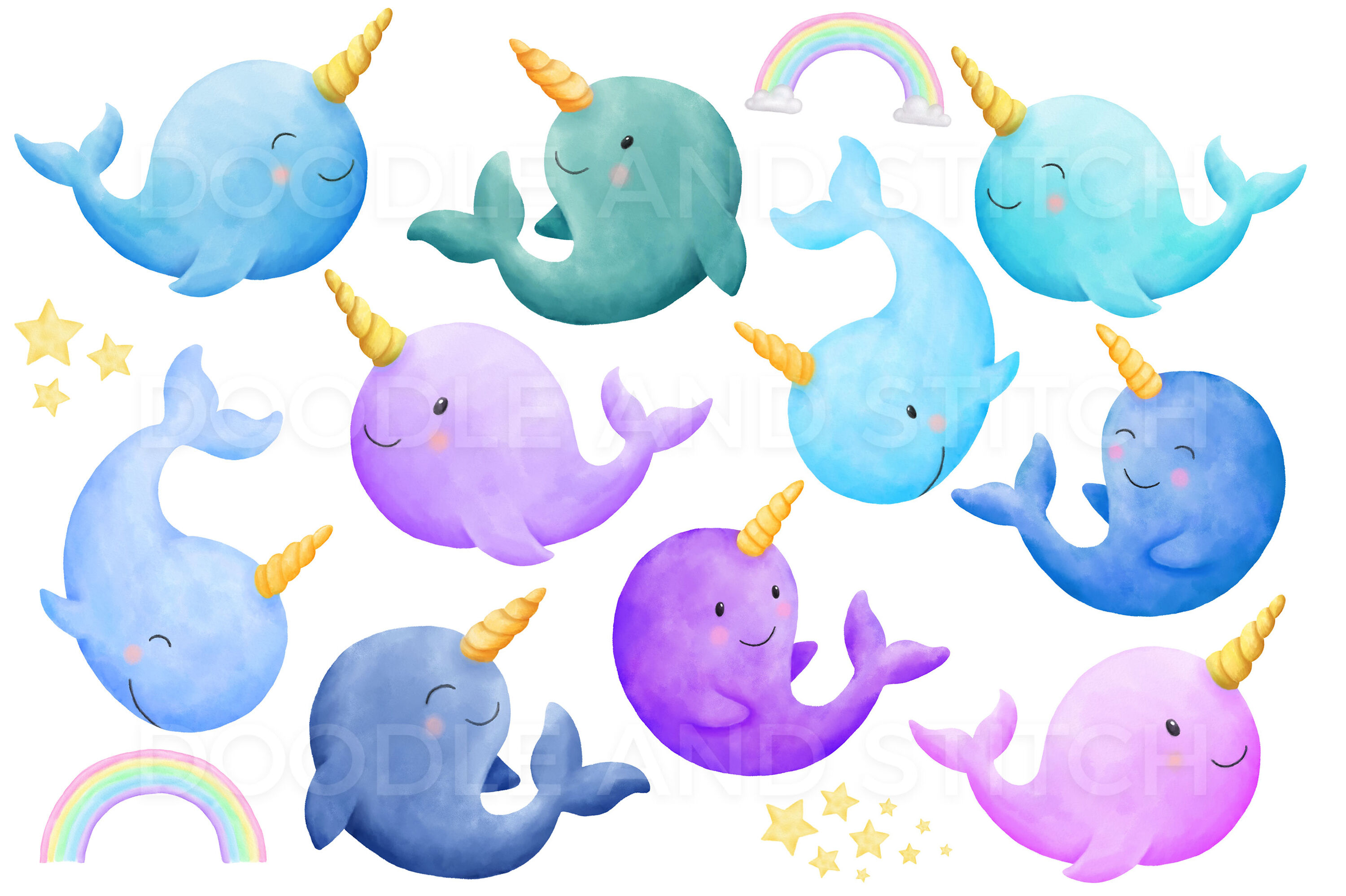 Cute Narwhal Watercolor Illustrations By Doodle Art TheHungryJPEG